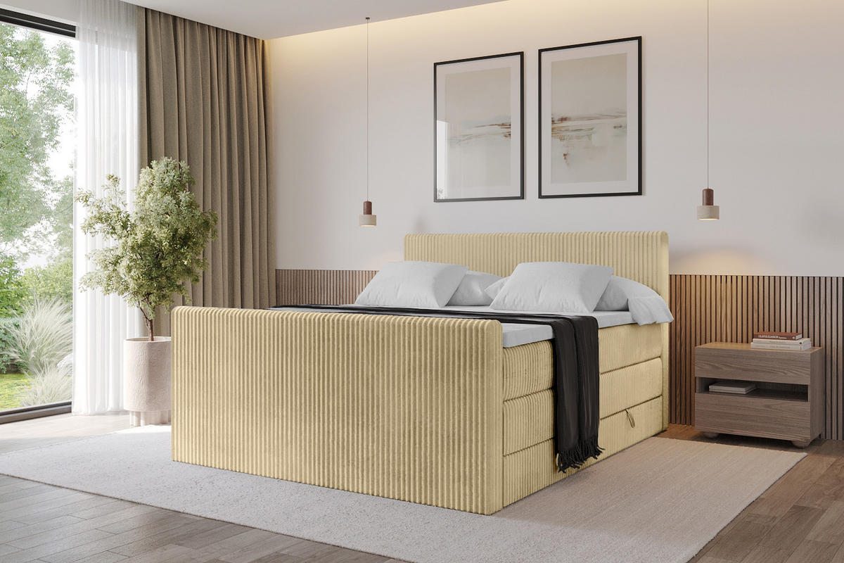 BOXSPRINGBETT mit Matratze H3|H4 und Lattenrost - TOLO-Z KING 160x200 Cord - Ecru - Ecru, Holzwerkstoff (160/200cm) - ALTDECOR