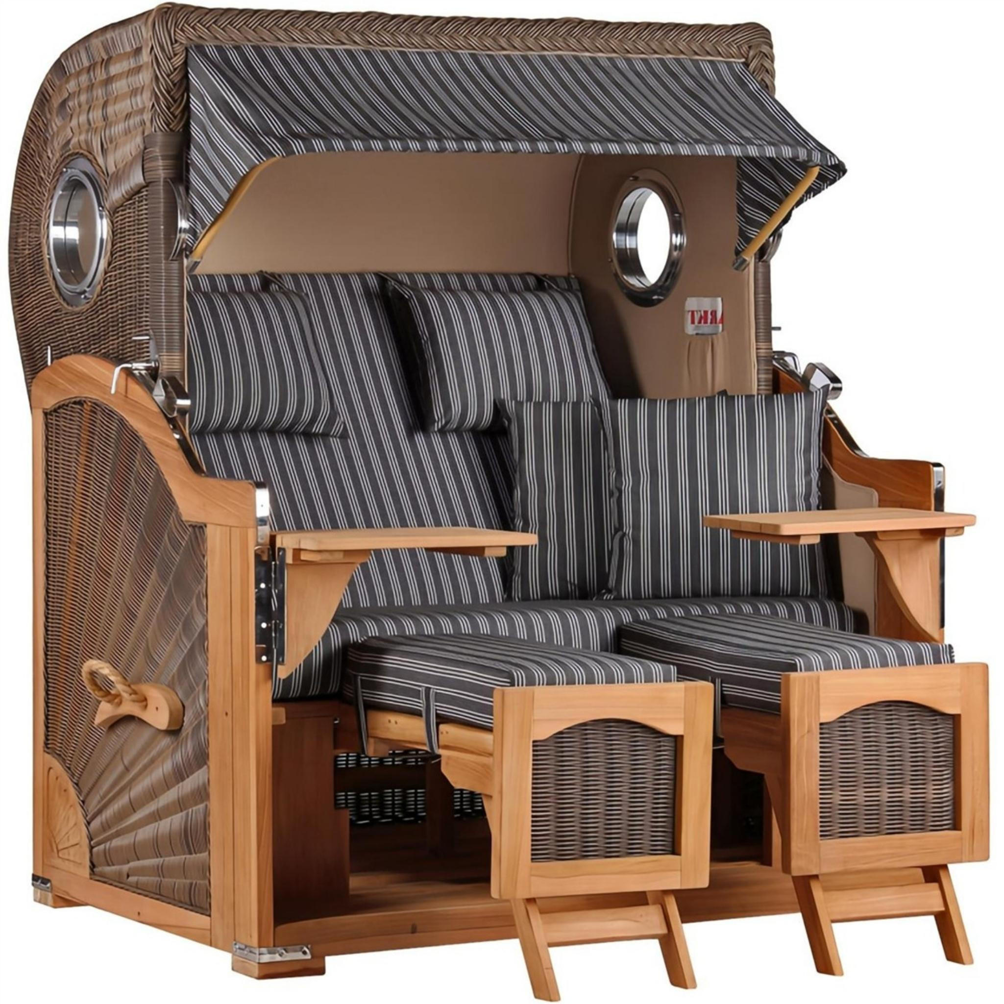 STRANDKORB Düne Grande Bullauge Teak PE Grey Dessin 500 - Braun/Grau, Metall (142/170/95cm) - Mr. Deko