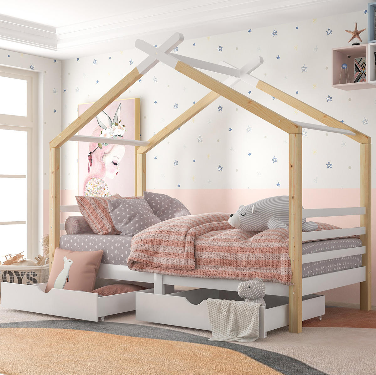 HAUSBETT 90/200 cm in Weiß mit Schubladen aus Kiefer-Massivholz - Weiß, Holz (90/200cm) - Flora Grace
