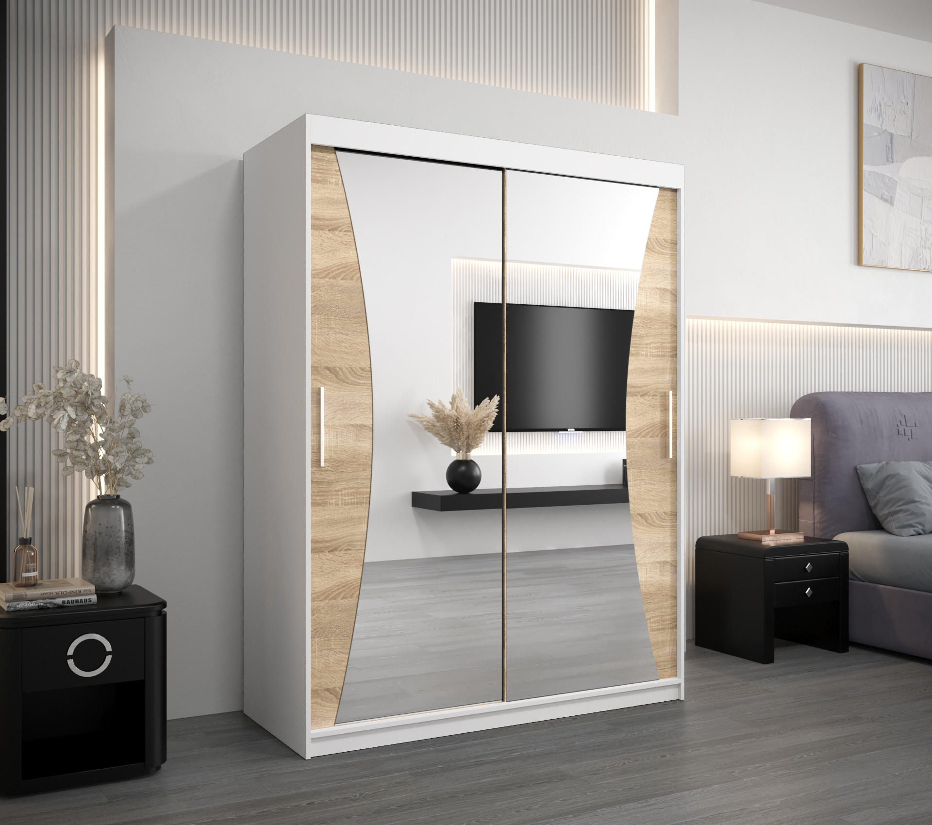 SCHWEBETÜRENSCHRANK 200/150/62 2-türig - Silberfarben/Weiß, Holz/Kunststoff (150/200/62cm) - Abiks Möbel