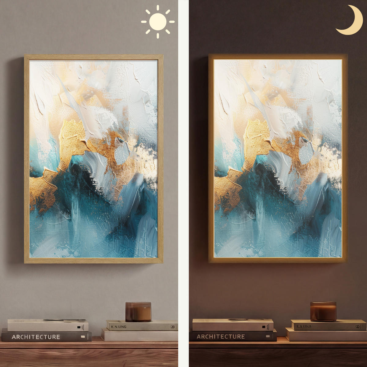 NÁSTĚNNÁ LAMPA S AKUMULÁTOREM Abstraktní - umění - zlatá - modrá 40x60 cm - tyrkysová, kompozitní dřevo (40/60/8cm) - OnlyWow