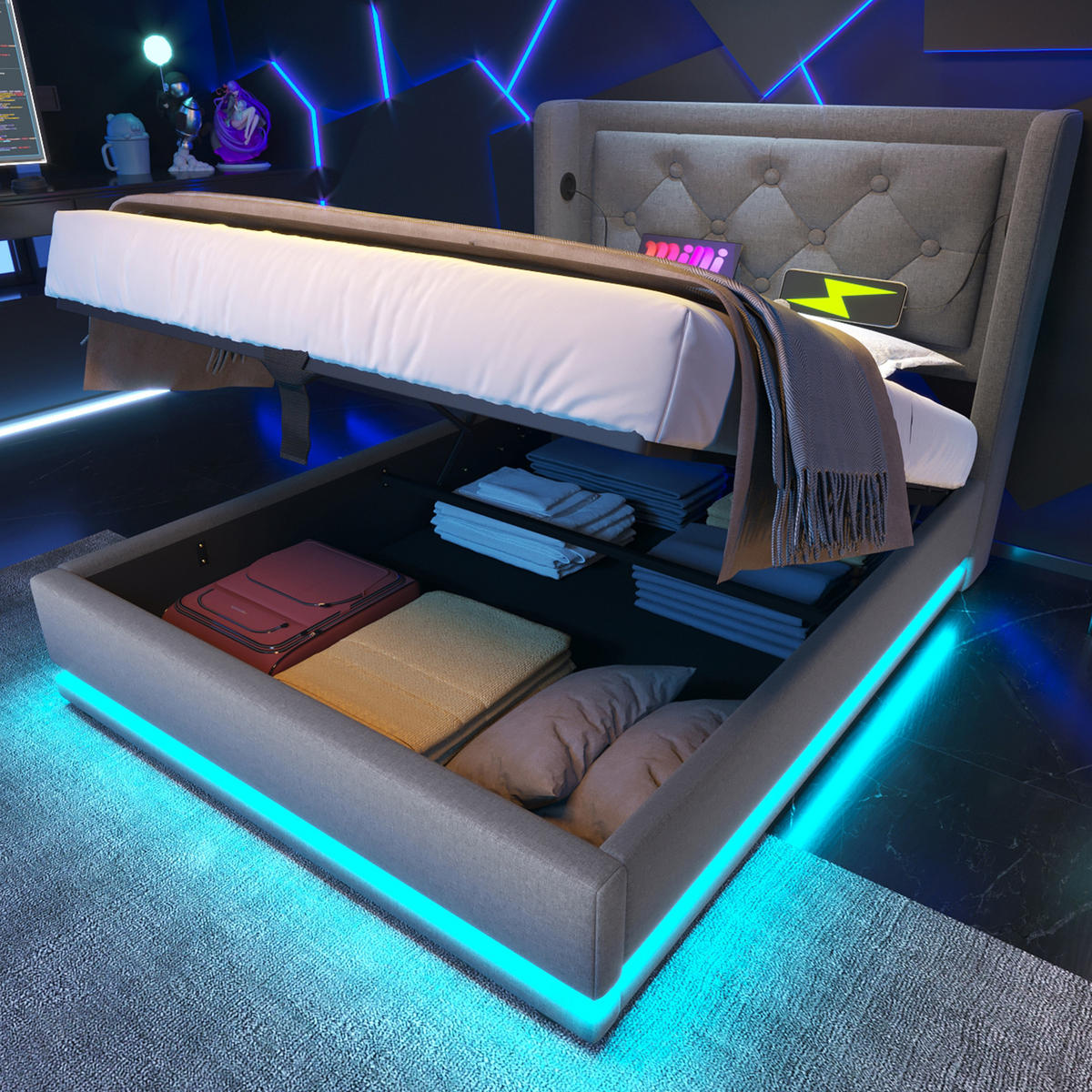 POLSTERBETT 90/200 cm Grau Baumwolle mit Stauraum und USB Typ-C-Anschluss - Grau, Textil (90/200cm) - OKWISH