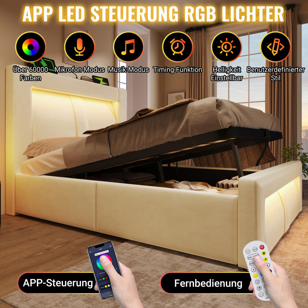 ČALÚNENÁ posteľ 140/200 cm s LED osvetlením, USB a Type-C portom a hydraulickým úložným priestorom, Béžová - béžová, textil (140/200cm) - Redom