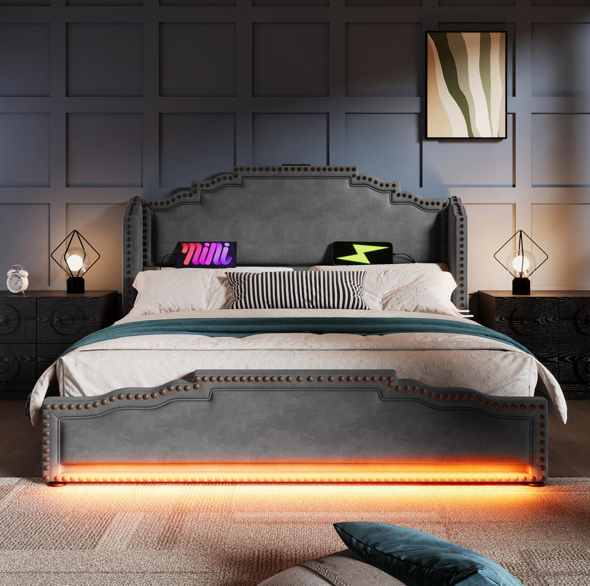 POLSTERBETT mit 4 Schubladen 180x200 cm Samt Grau mit LED und USB-C - Grau, Metall (180/200cm) - Meubliv