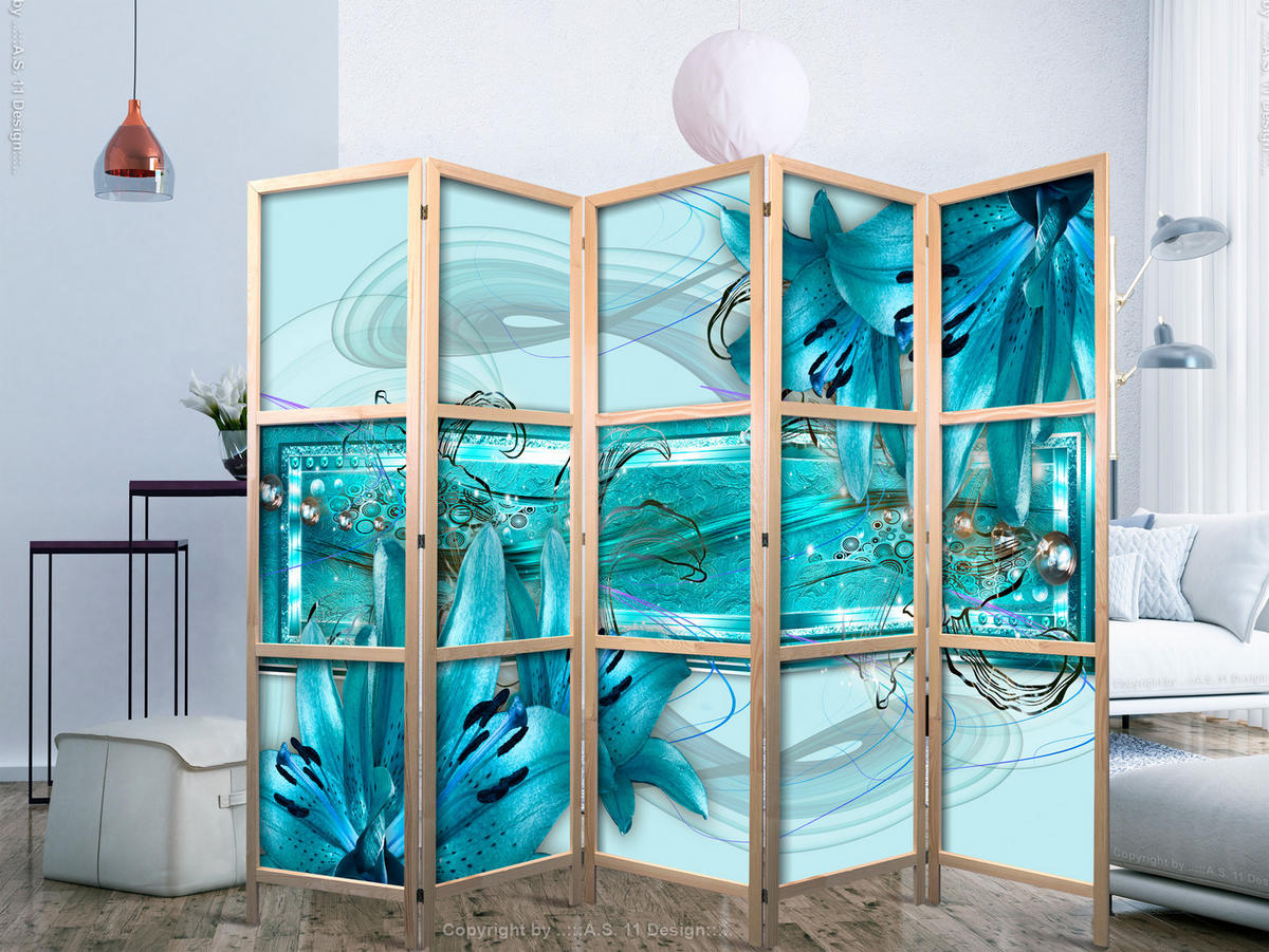 PARAVENT Japanischer 5-tlg 225x172 cm Blumen Abstraktion - Blau, Holz/Textil (225/172/3cm) - Muralo
