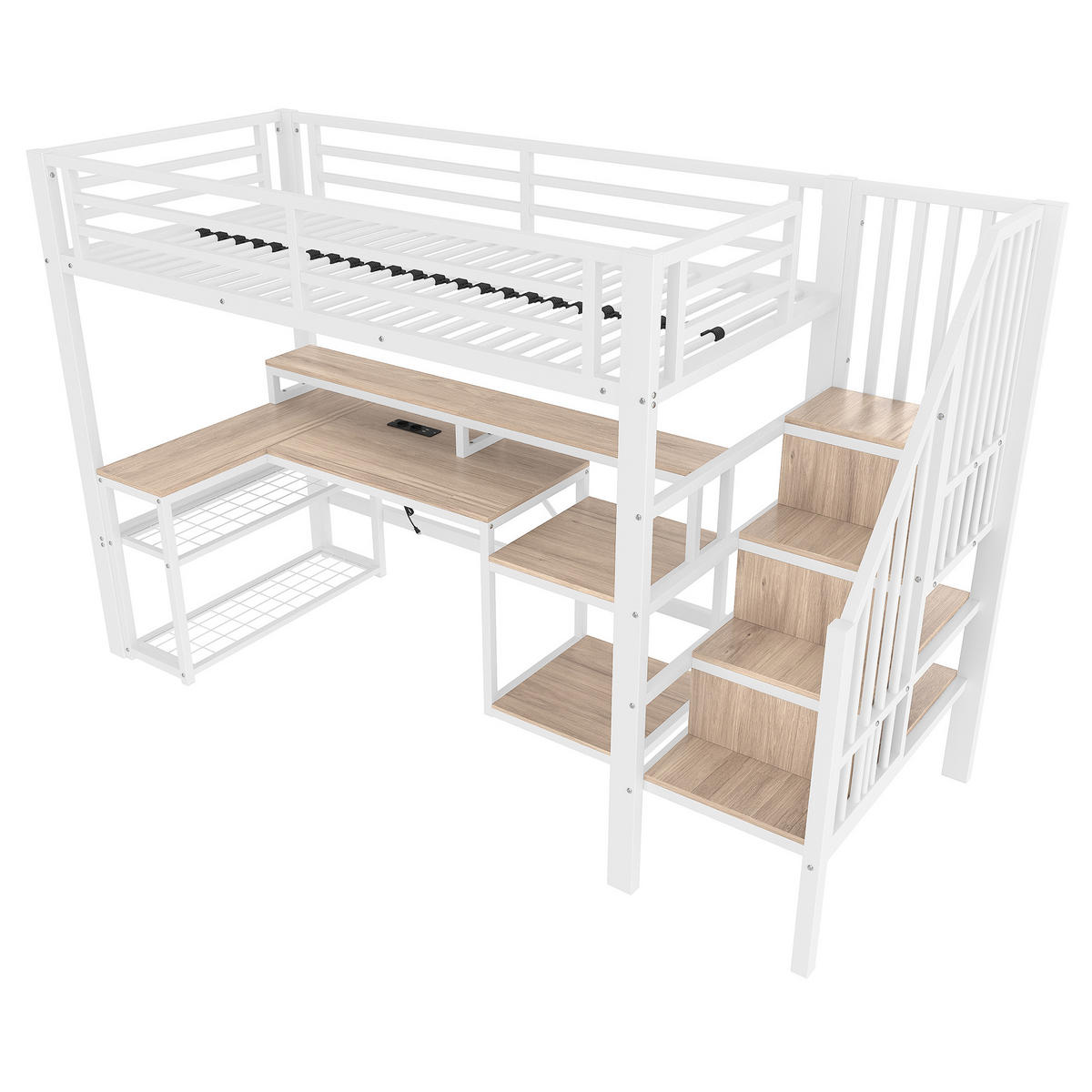 HOCHBETT 90/200 cm in Weiß mit LED-Beleuchtung, Schreibtisch und USB-Anschluss - Weiß, Metall (90/200cm) - Flora Grace