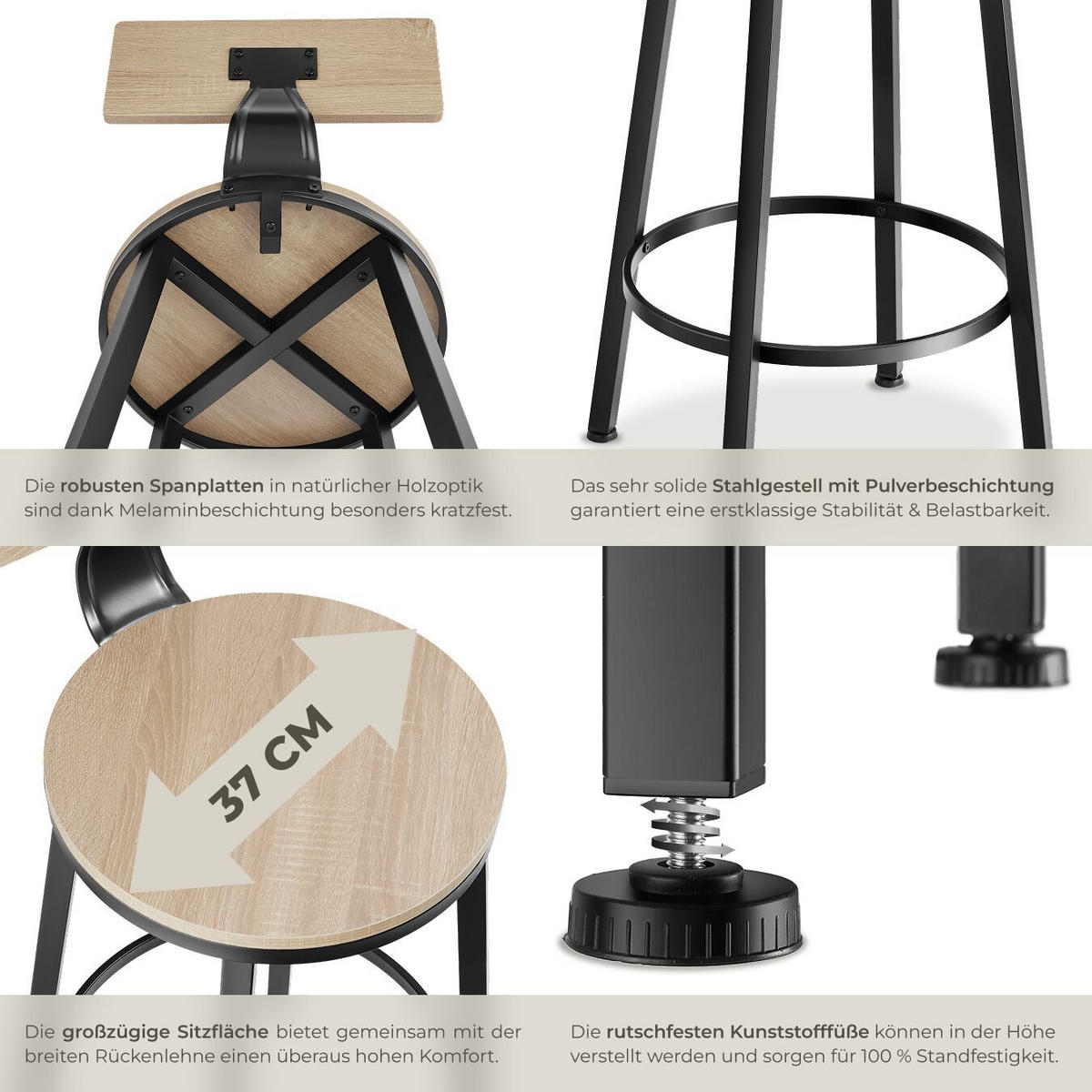 BARHOCKER 2er Set Poole,Sitzhöhe 74 cm,Industrial Holz hell - Naturfarben, Holzwerkstoff (46.5/104/46.5cm) - tectake