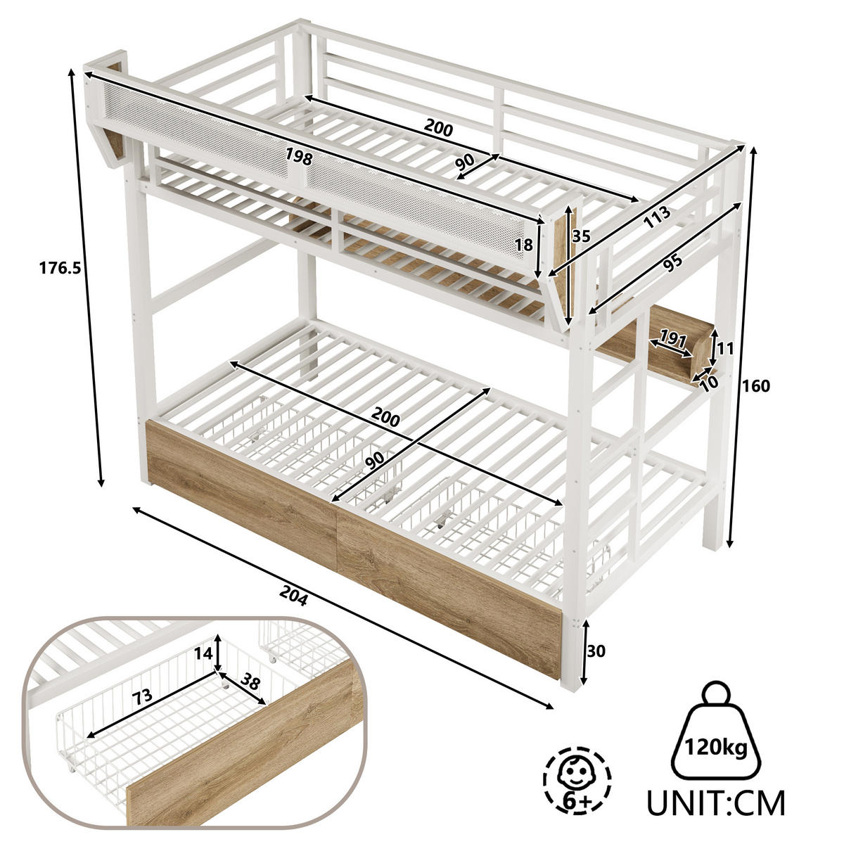 ETAGENBETT 90/200 cm in Weiß mit LED, 2 Schubladen und Aufbewahrungskorb - Weiß, Holzwerkstoff/Metall (90/200cm) - WISHDOR