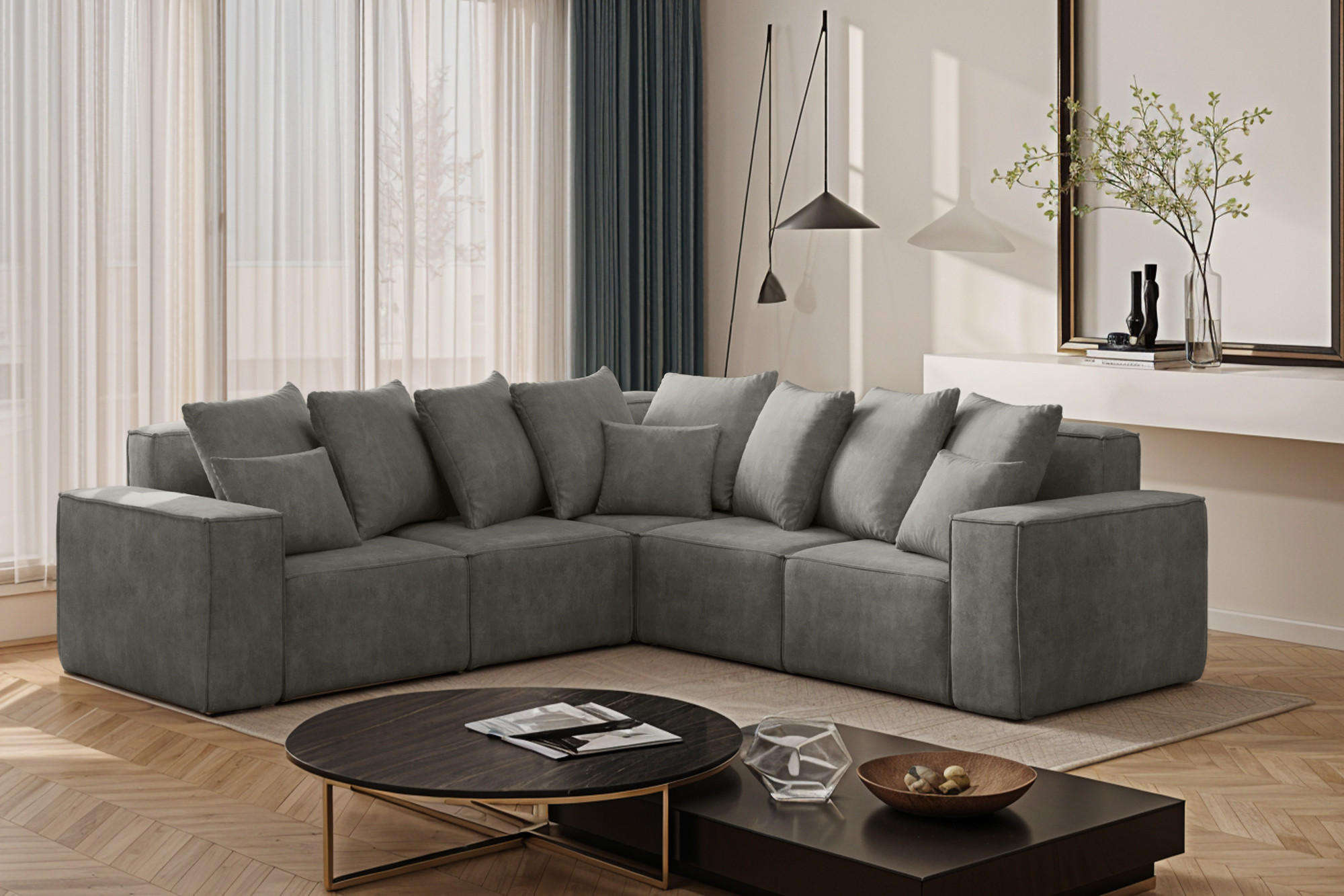 ECKSOFA Corner Ella Stoff Noel Velours Grau - Grau, Holz/Textil (246/246cm) - Kaiser Möbel
