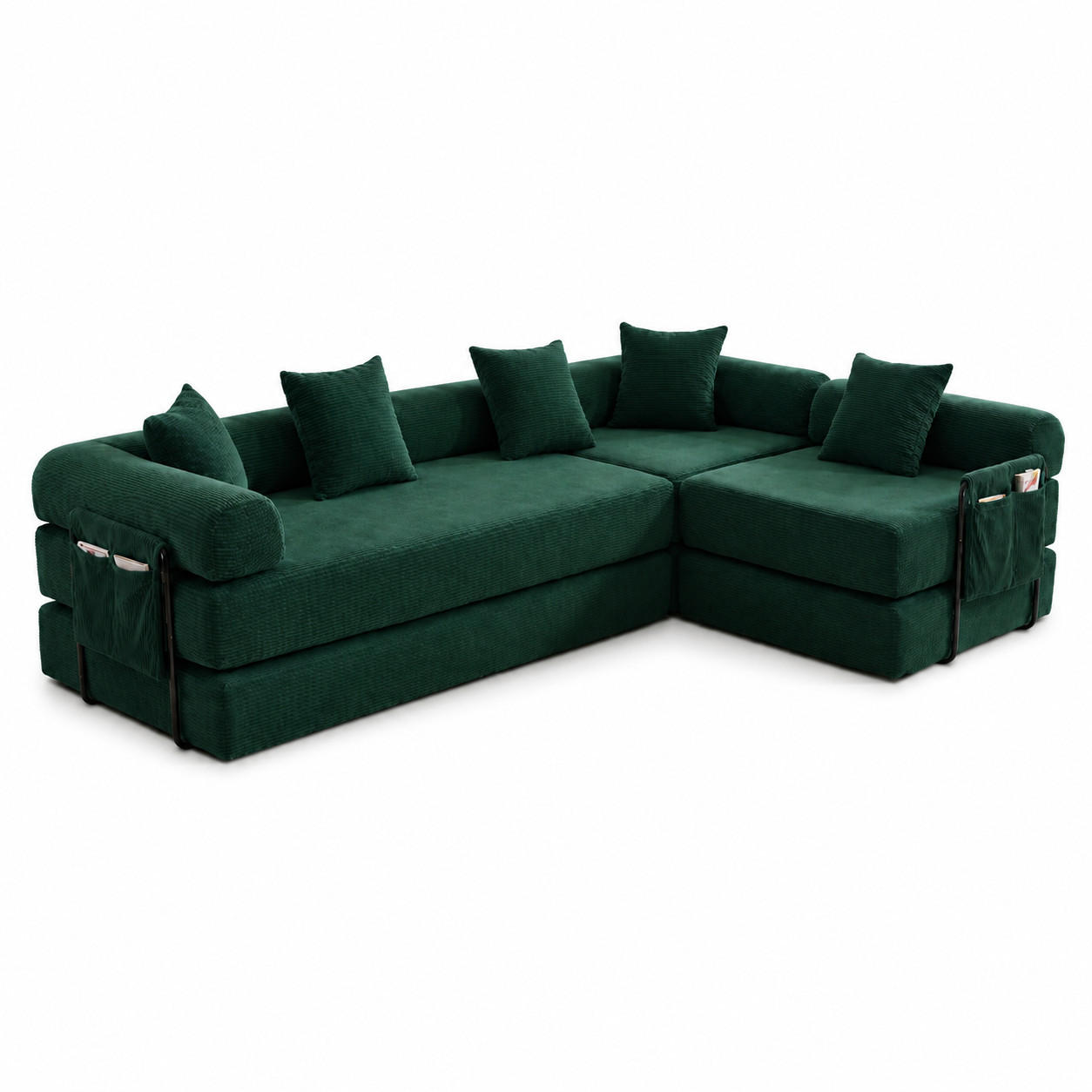 ECKSOFA Cord Smaragdgrün mit Schlaffunktion und Stauraum - Jadegrün, Textil/Metall (270/180cm) - WISHDOR