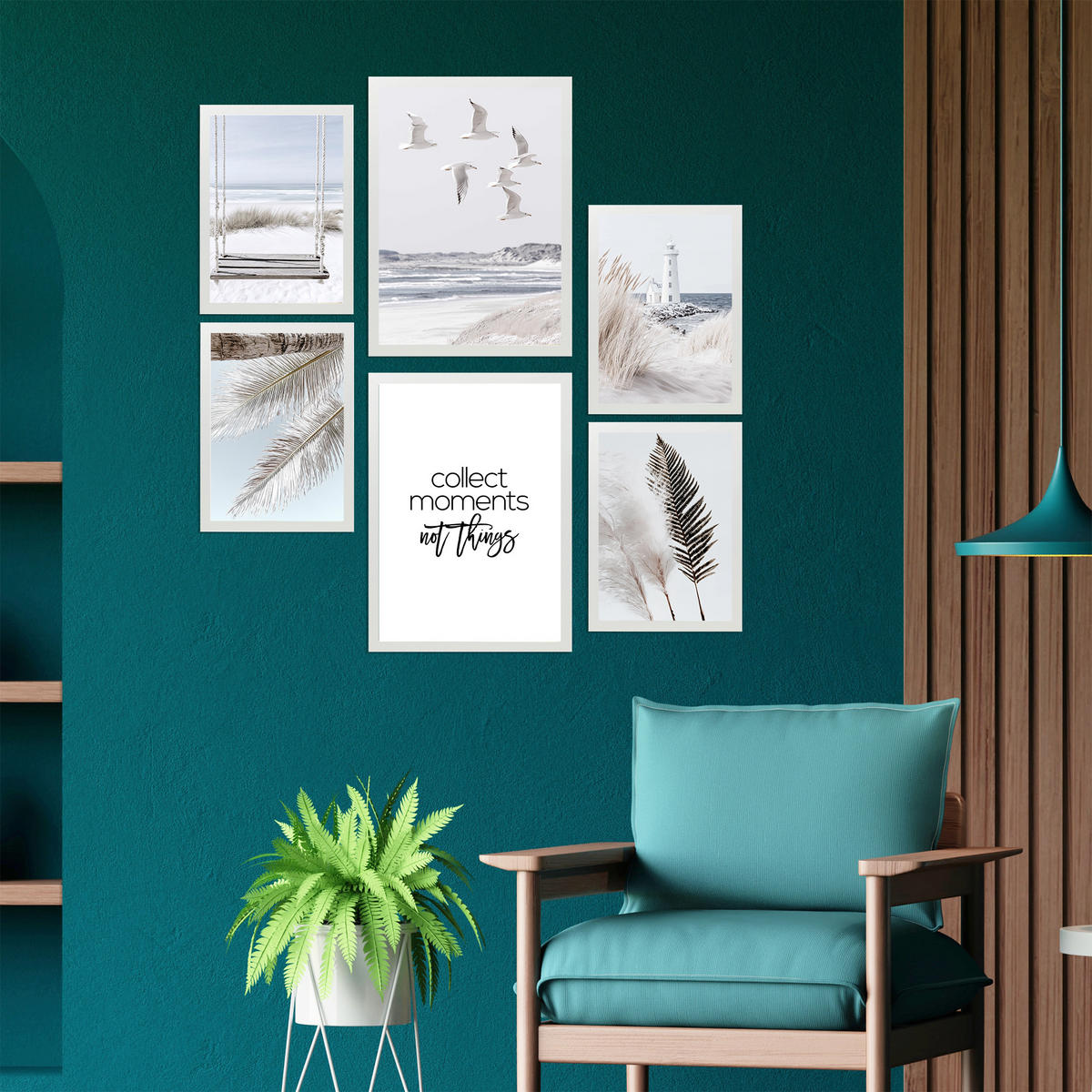 PLAKAT 6 moderních dekorativních maleb moře, pláže, západu slunce. Dekorativní krajinářské plakáty. Velikost A3 & A4 Bílý rám - bílá, papír (29.7/42/3cm) - Nacnic