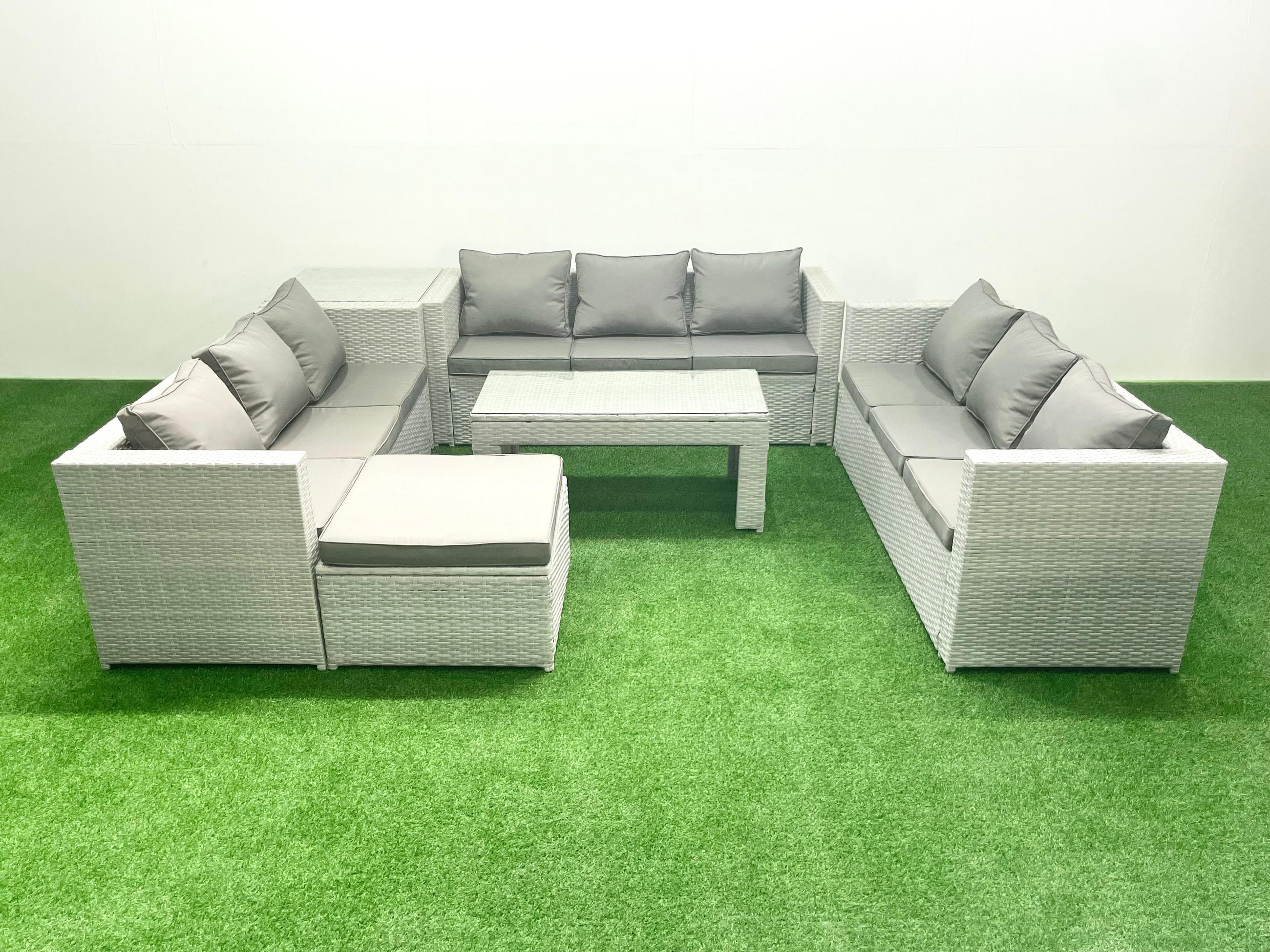 BALKONMÖBEL-SET Polyrattan Hellgrau-Mix 10-teilig - Hellgrau/Grau, Glas/Kunststoff - Fimous