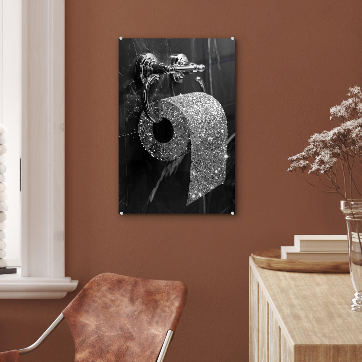 ACRYLGLASBILD WC - Toilettenpapier - Schwarz und weiß - Glitter 40x60 cm - Silberfarben, Glas (40/60cm) - MuchoWow
