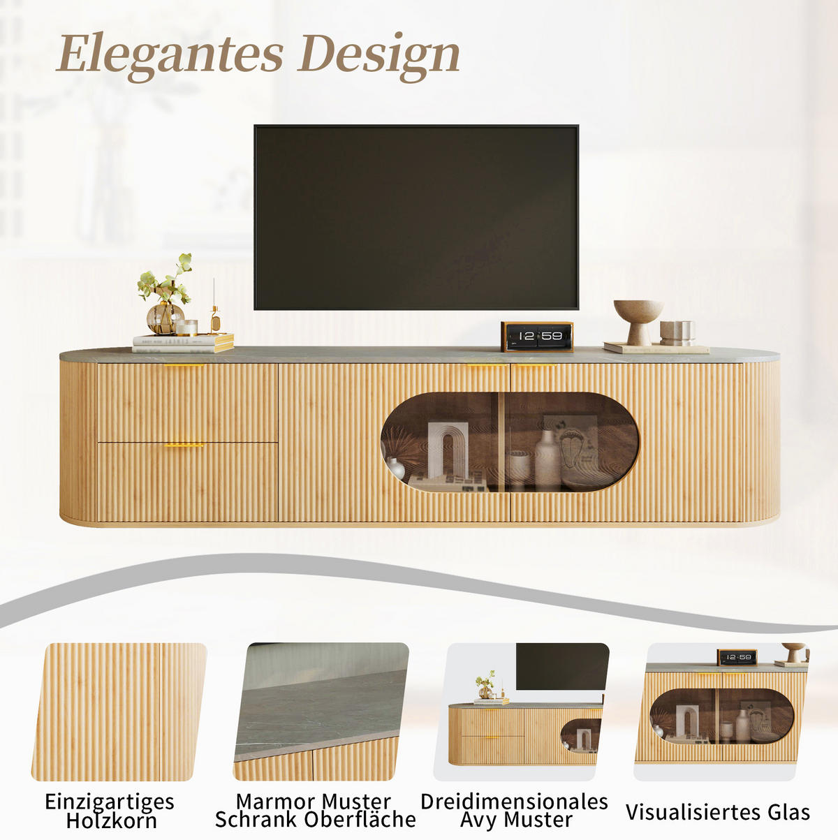 TV skříňka 172/38/45,5 cm přírodní MDF se skleněnou vitrinou - světle hnědá, kompozitní dřevo (172/45.5/38cm) - BEAOK