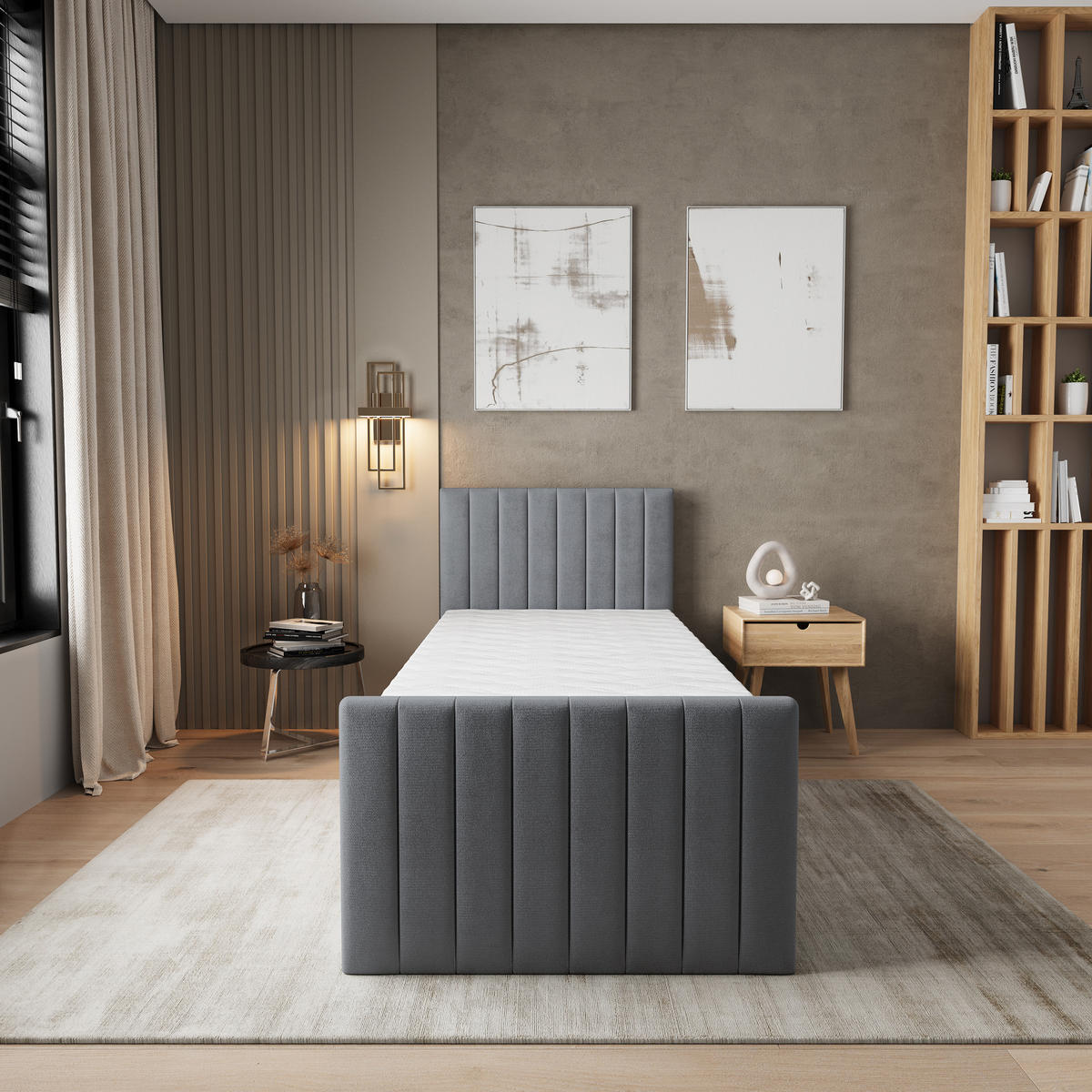 BOXBETT ARION 100 100x200 cm mit Matratze und Topper, H2+H3 - Grau - Grau, Holz (100/200cm) - MASSENO