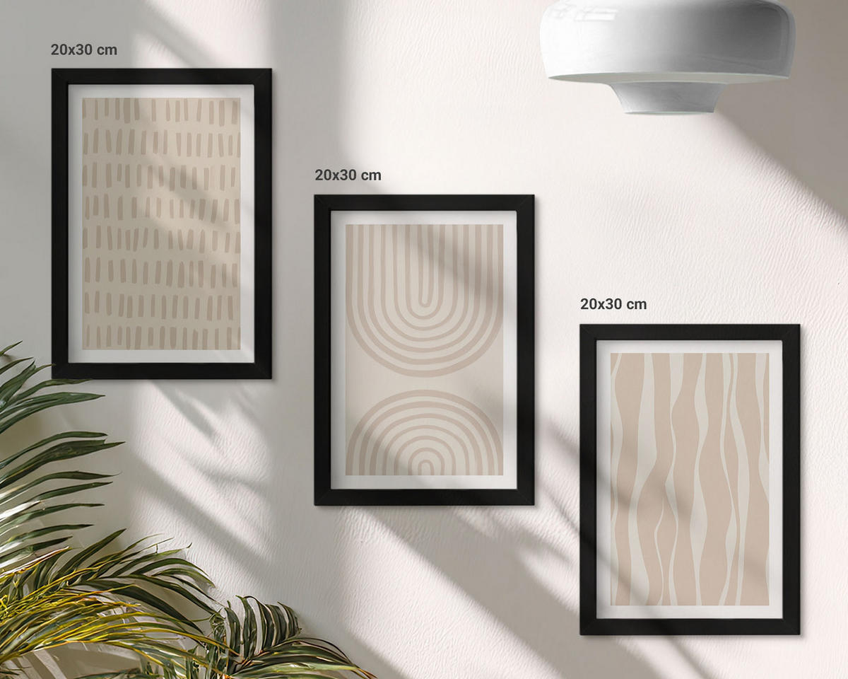 BILDER SET 3er Set - 20x30 cm Schwarzer Rahmen - Abstrakte beige Muster - Schwarz, Kunststoff (20/30cm) - TULUP