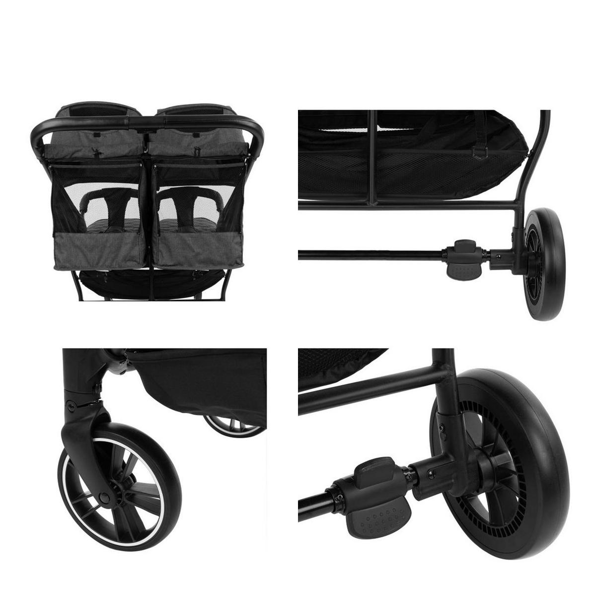 GESCHWISTERKINDERWAGEN Happy 2 grau gemustert faltbar, Regenschutz, Fußsack, gefedert - Grau, Metall (79/73/104cm) - Kikka boo