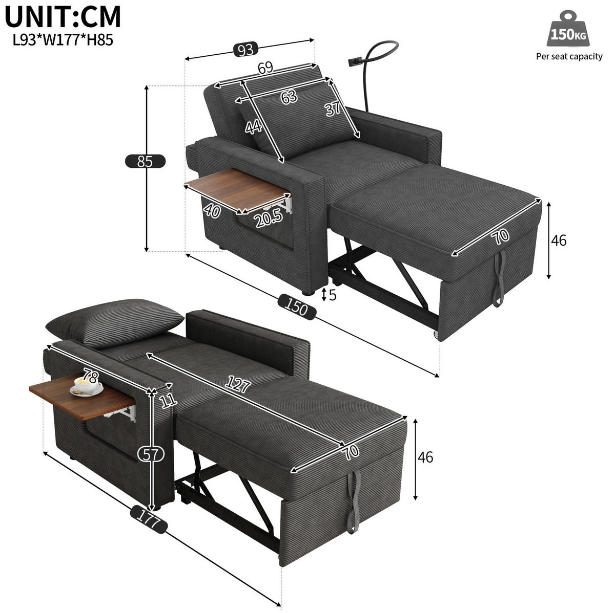ROZKLADACIA pohovka z menčestru, 93/150/85 cm, sivé, s USB a stolíkom - sivá, textil (93/85/150cm) - BEAOK