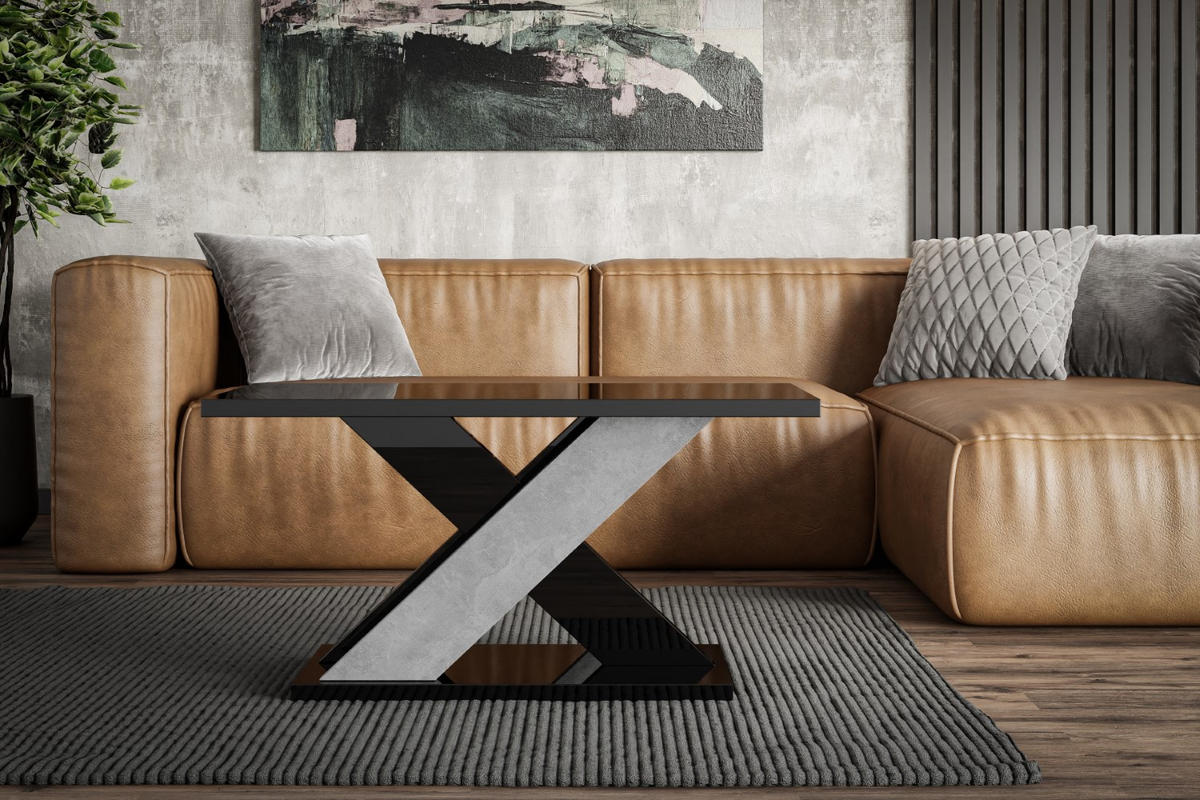 KAFFEETISCH 110x70x60 cm - Hochglanz Schwarz / Betonoptik - AOX - Schwarz Hochglanz, Holzwerkstoff (110/70/60cm) - ALTDECOR