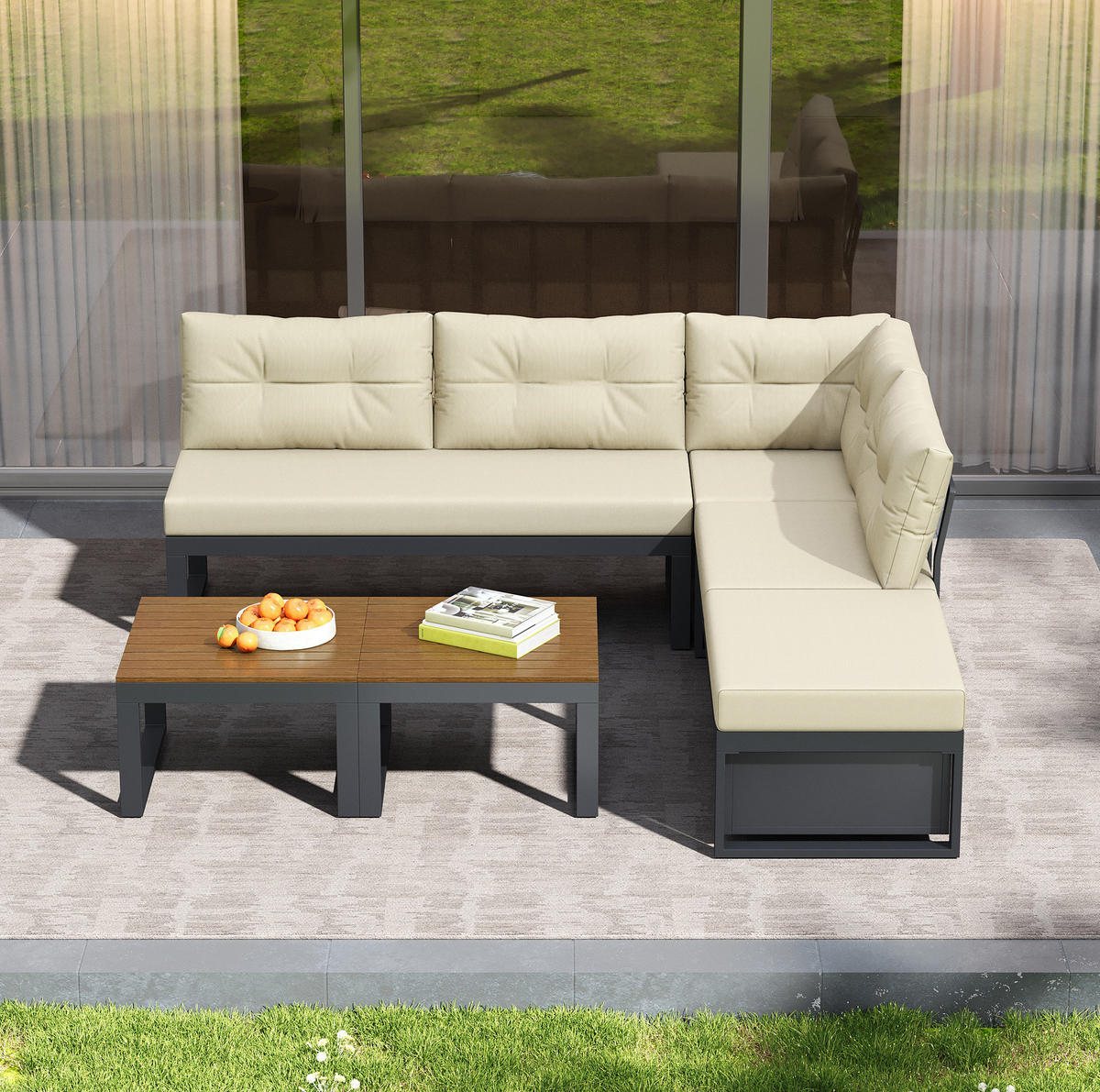 GARTENSET aus Eisen und Polyester 191,5x191,5x79 cm Beige mit Stauraum und 3-fach verstellbarer Liegefunktion - Beige, Textil - Modfu
