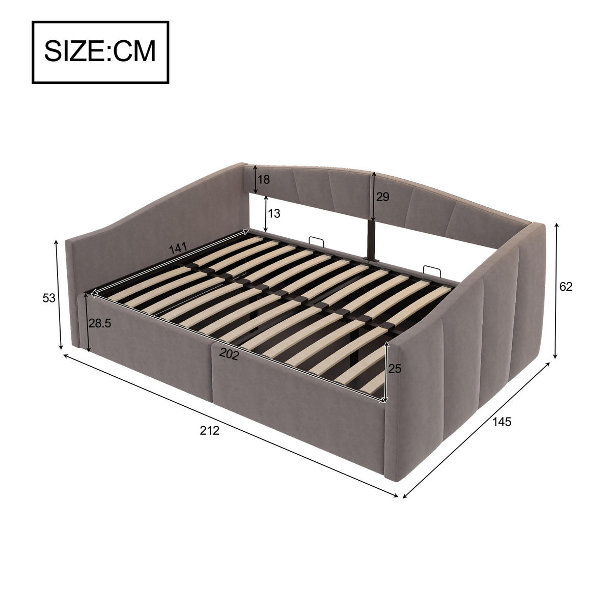 POLSTERBETT 140/200 cm mit hydraulischer Lagerung und Armlehnen in Grau - Dunkelgrau, Leder (140/200cm) - OKWISH