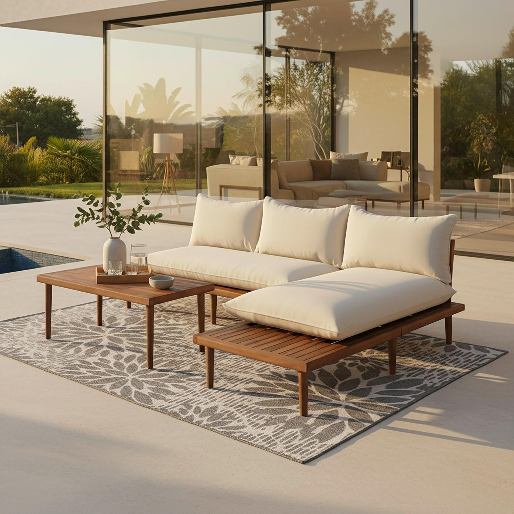 LOUNGEGARNITUR Dona Creme Outdoorstoff/Metall - Creme, Holz - Bessagi Garden