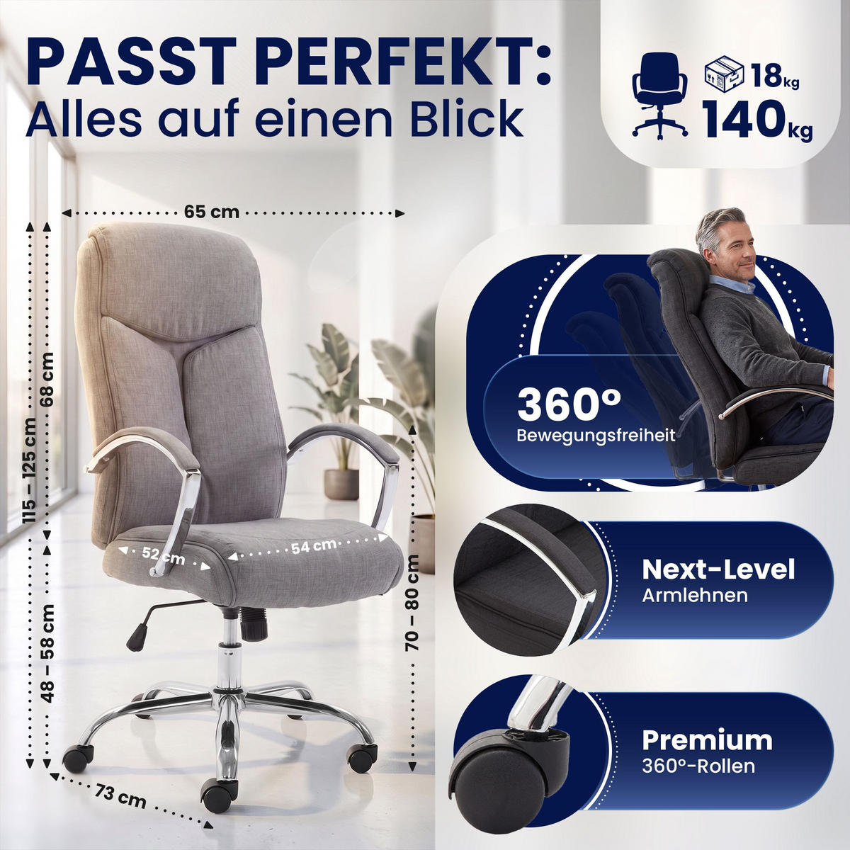 DREHSTUHL Stoff Grau - Chromfarben/Grau, Textil/Metall (65/115/73cm) - CLP