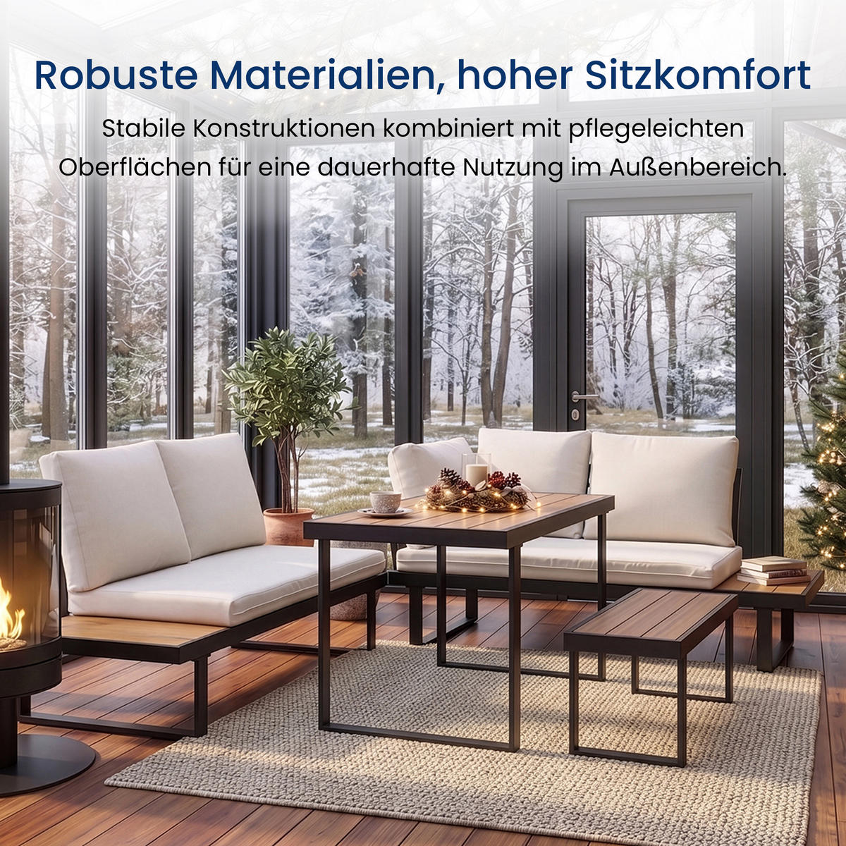 GARTENMÖBEL-SET mit 2 Zweisitzern. 1 Esstisch und 1 Bank. schwarz. beige und dunkle Eiche - Beige/Schwarz, Metall - Home Collective