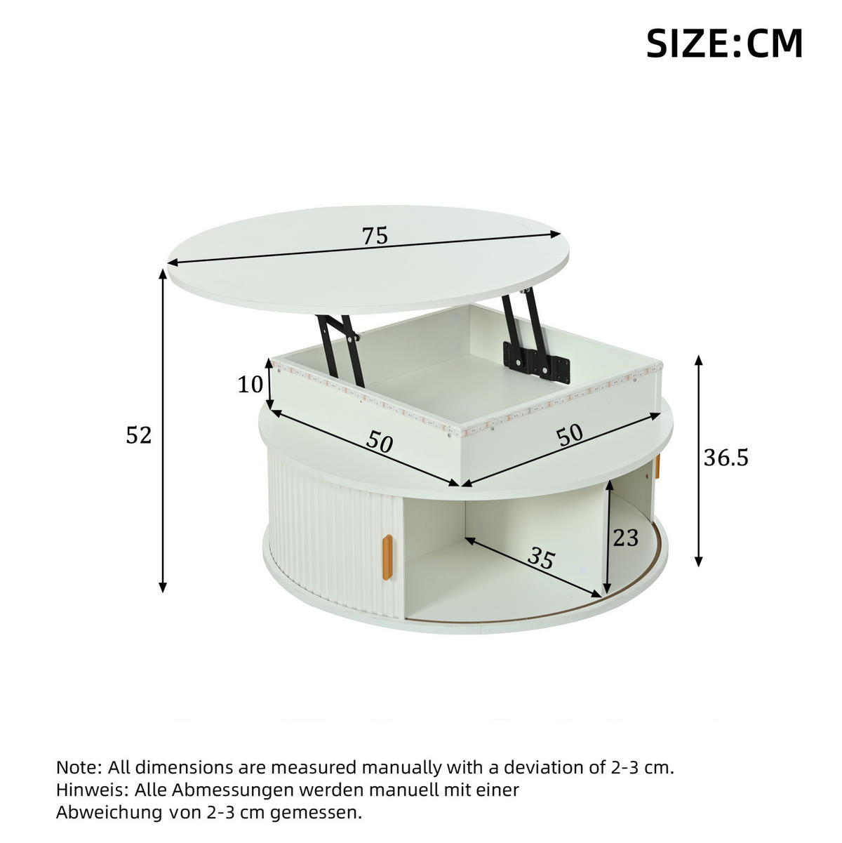 KULATÝ konferenční stolek 75 cm bílý z MDF s LED osvětlením a výškovým nastavením - bílá, kompozitní dřevo (75/75/52cm) - OKWISH