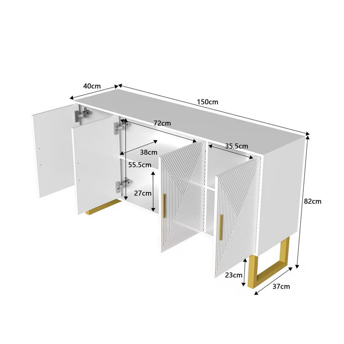 SIDEBOARD in Weiß Anrichte mit 4-Türen-Design und goldenen Griffen für Wohnzimmer und Schlafzimmer, B150/T40/H82 cm - Goldfarben/Weiß, Holzwerkstoff/Metall (150/82/40cm) - STILVORA
