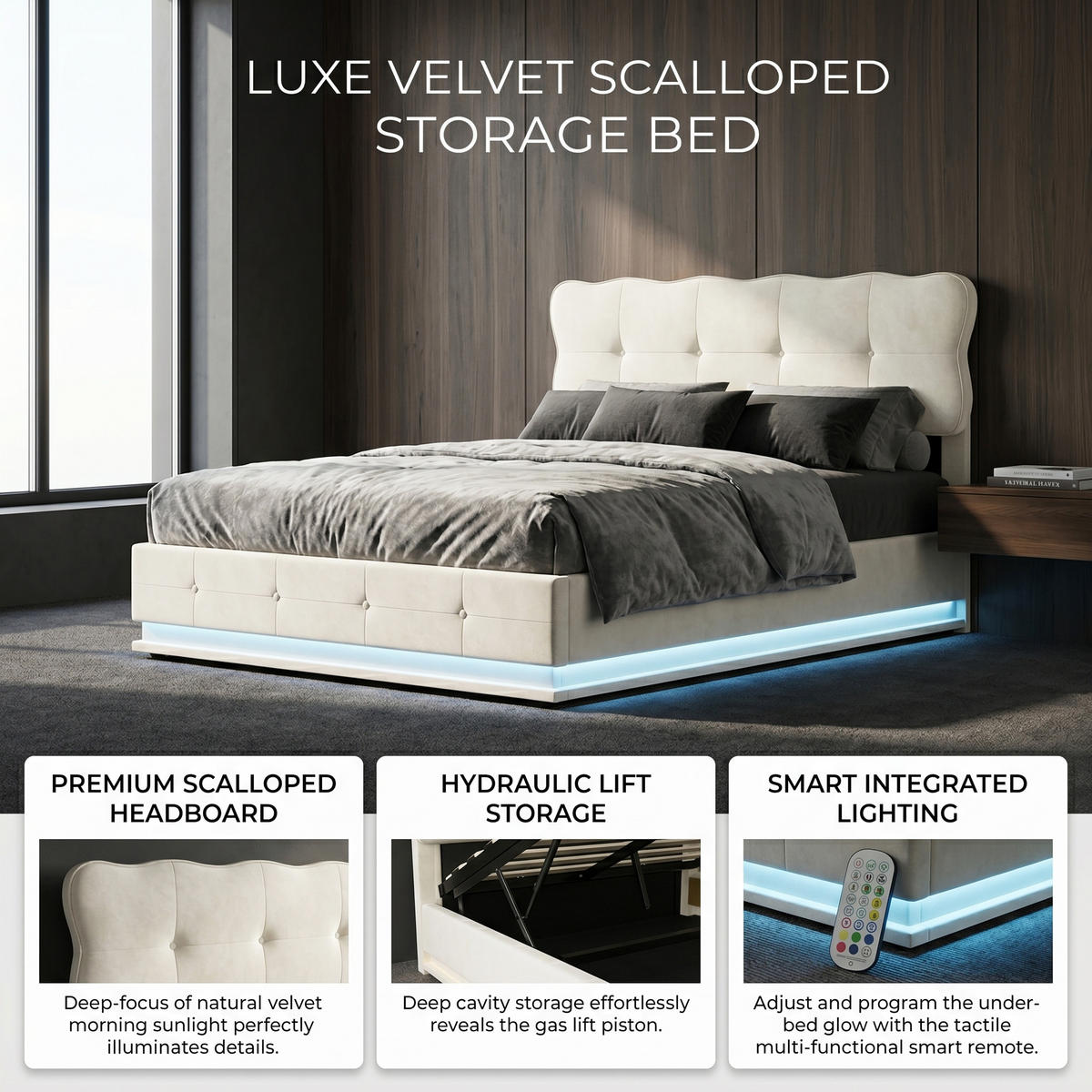 POLSTERBETT Wellen-Design 160/200 cm mit Bettkasten & LED Samtoptik Beige - Beige, Textil (160/200cm) - Creahappy