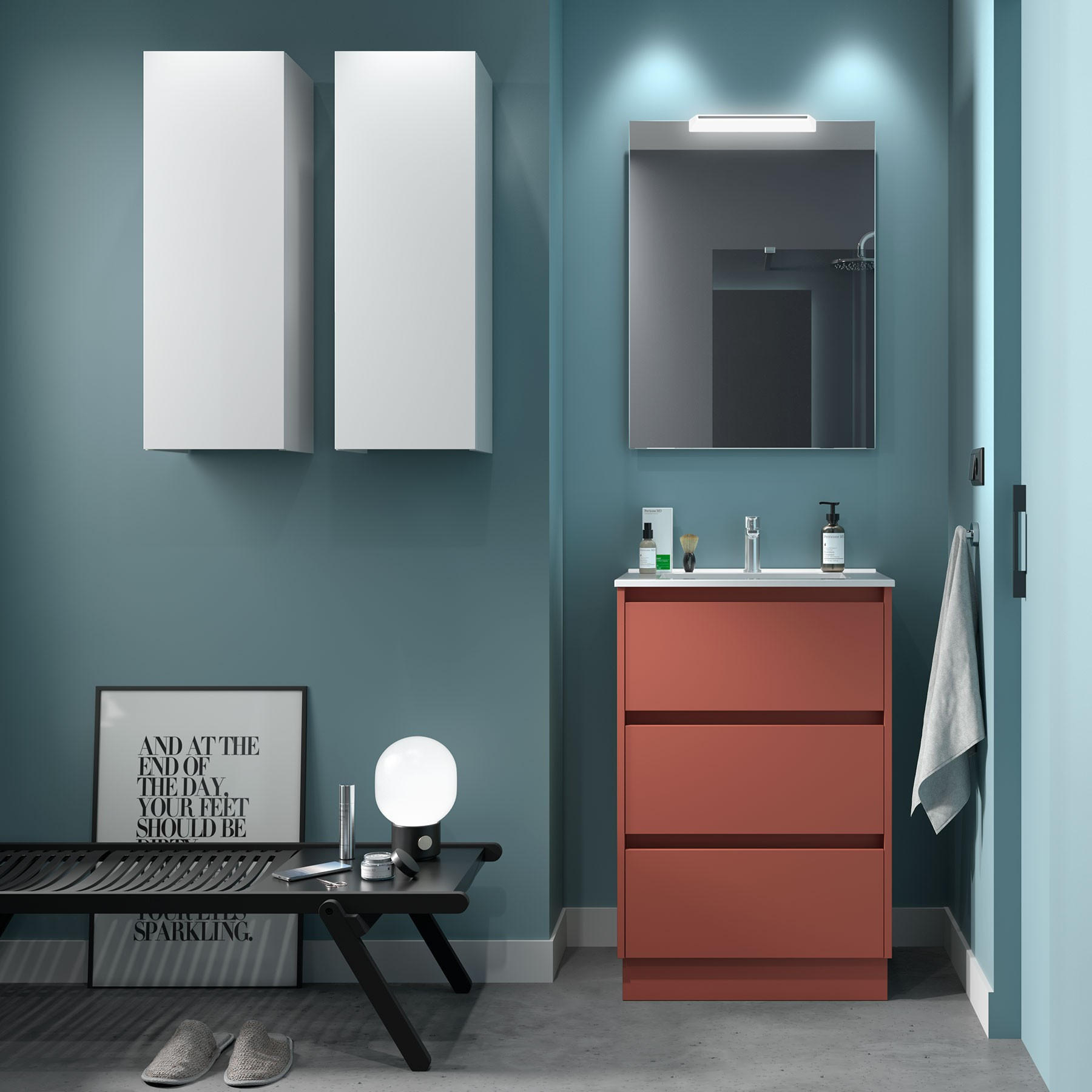 BADEZIMMERMÖBEL NOJA 600 3 Schubladen RED SATIN + Waschtisch + Spiegel - Schwarz, Metall (45/81/60cm) - Salgar