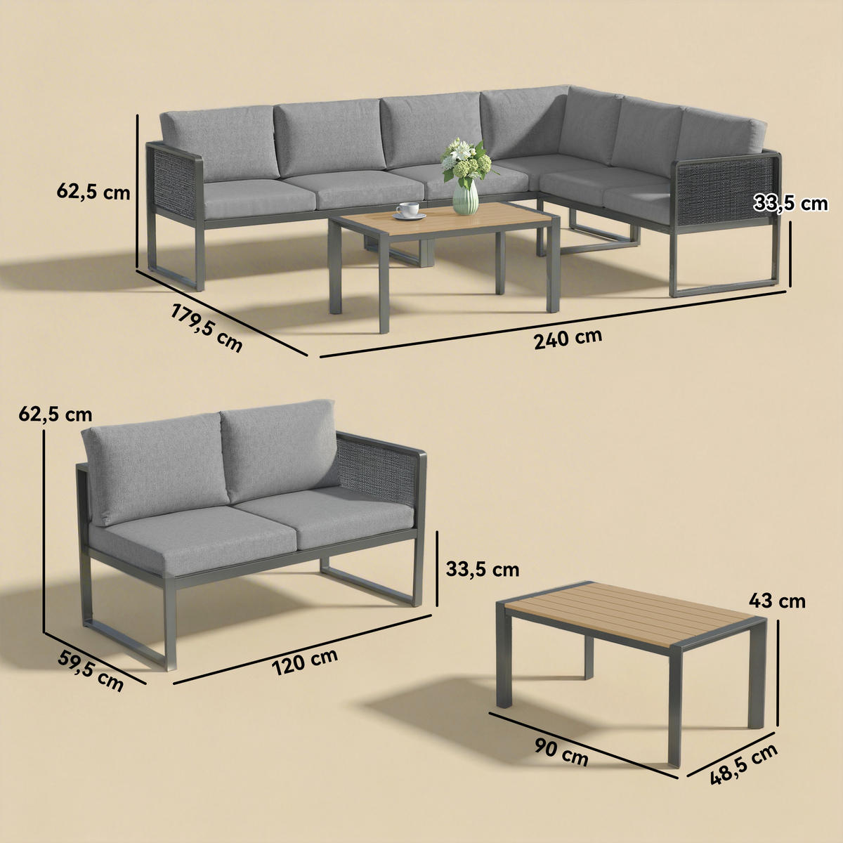 GARTENMÖBELSET DE-13529 6-sitzig mit 3 Sofas & Tisch Dunkelgrau - Hellgrau, Metall - ComfortXL