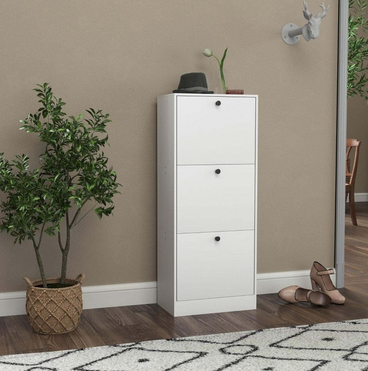 SCHUHSCHRANK 47/28/115 cm mit 3 Klappen, verstellbaren Einlegeböden und Kippschutz aus Holzwerkstoff, Weiß - Weiß, Holzwerkstoff (47/115/28cm) - Redom