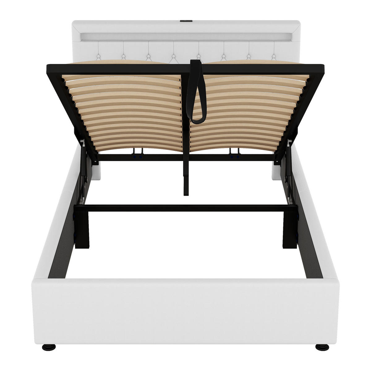 FLACHBETT 140x200cm Weiß gepolstert LED Hydraulik USB-C Stauraum - Weiß, Holz (140/200cm) - FLIEKS