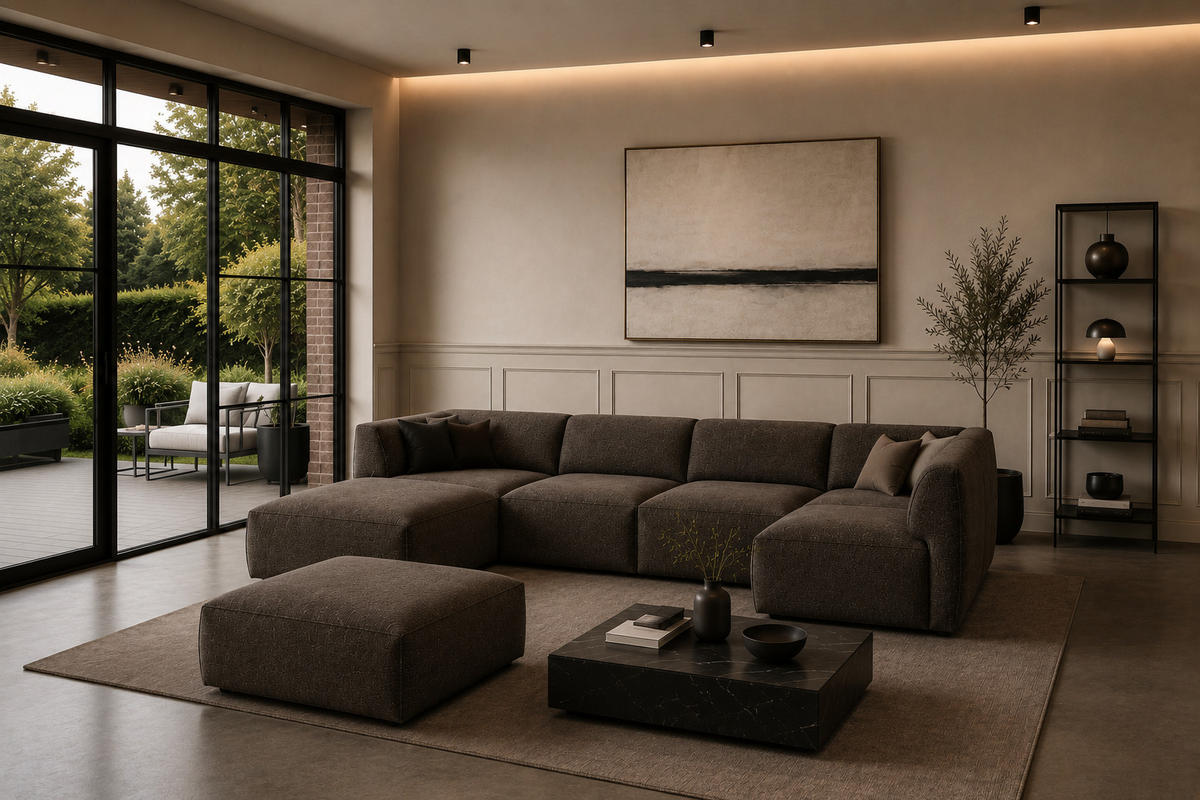 WOHNLANDSCHAFT MOVO - modulares Ecksofa braun – modernes Design und flexible Gestaltung, links - Dunkelgrün/Bordeaux, Kunststoff/Textil (156/78/345cm) - KS Home Concept