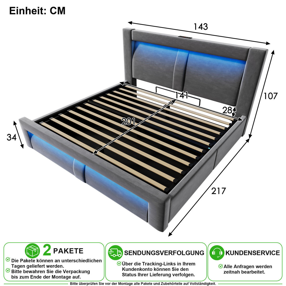 POLSTERBETT 140/200 cm in Grau Samt mit Bettkasten, LED, USB und Type-C - Grau, Holzwerkstoff/Textil (140/200cm) - CHICFURN