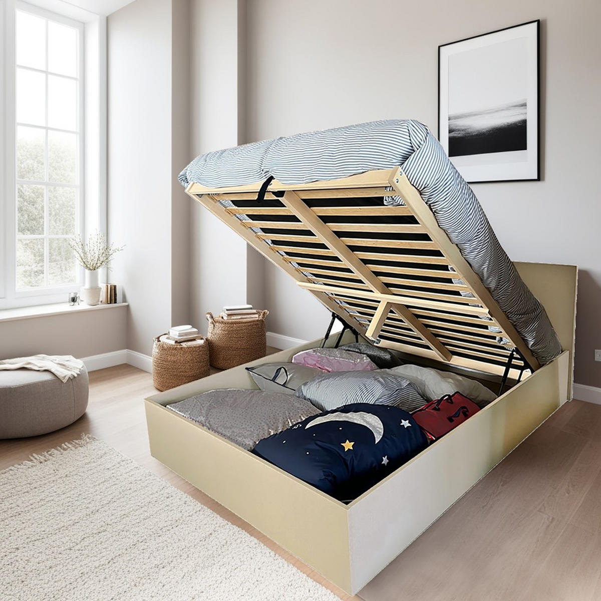 BETT MADRID 140x190 mit Lattenrost - Leinenimitationsdekor - Weiß, Holzwerkstoff (140/190cm) - Weber Industries