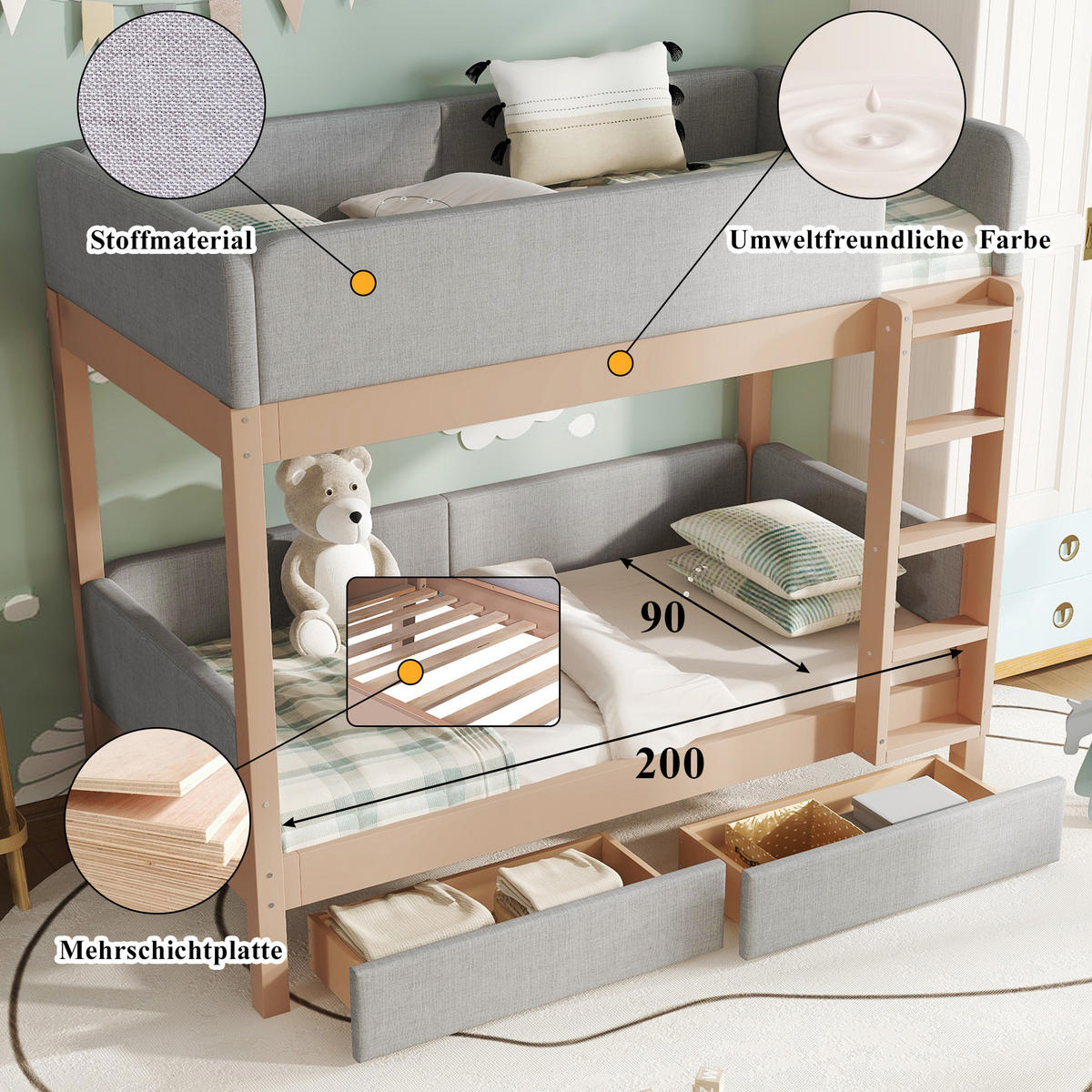 ETAGENBETT 90/200 cm grau/natur aus Kautschukholz und MDF mit Treppe und 2 Schubladen - Grau, Holz (90/200cm) - OKWISH