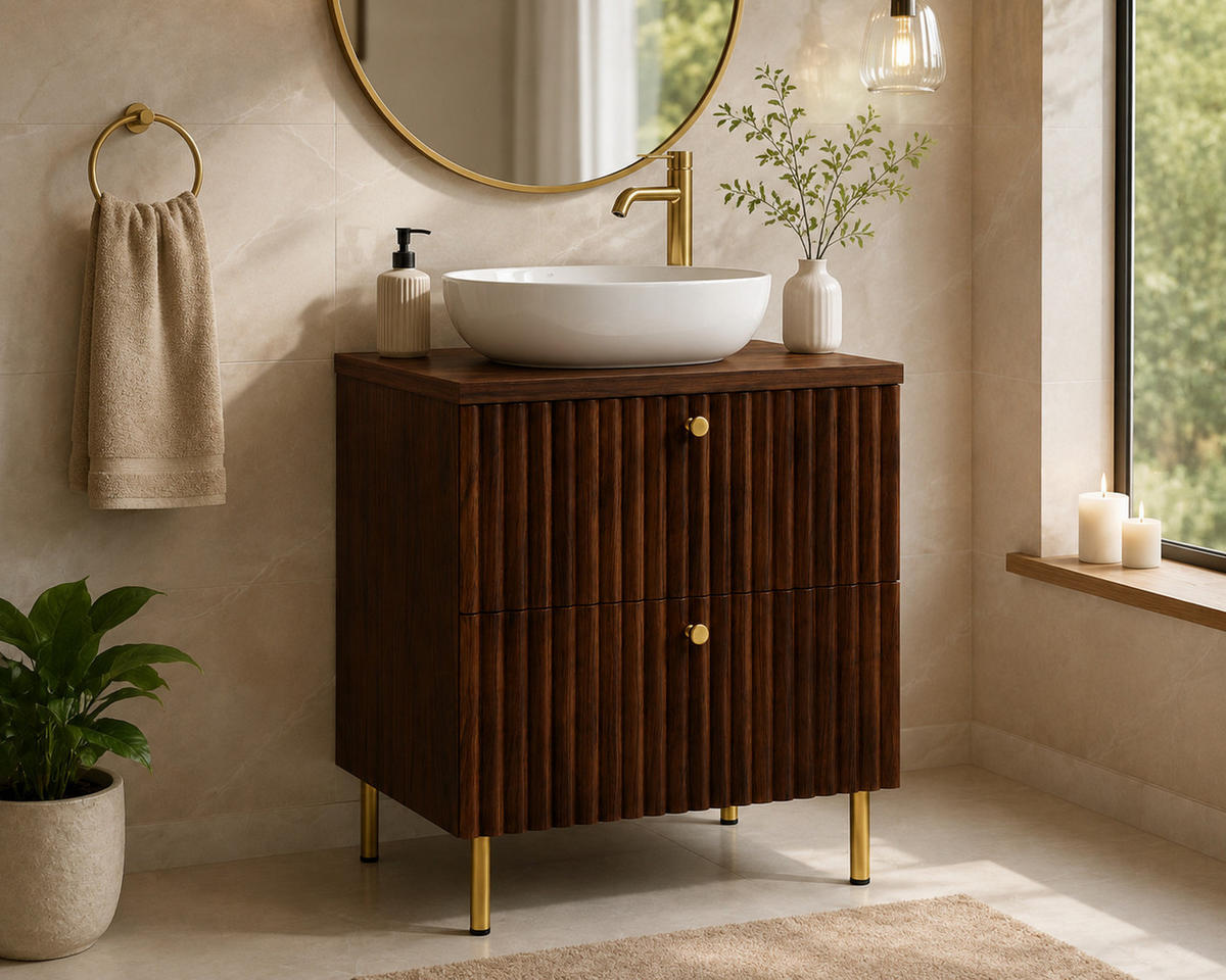 BADEZIMMERSCHRANK: Nusseiche / Platte Nusseiche / Griffe Gold / Beine Gold, 60 x 44,4 x 73,6 cm - Eichefarben/Goldfarben, Holzwerkstoff (60/73.6/44.4cm) - 3XE LIVING