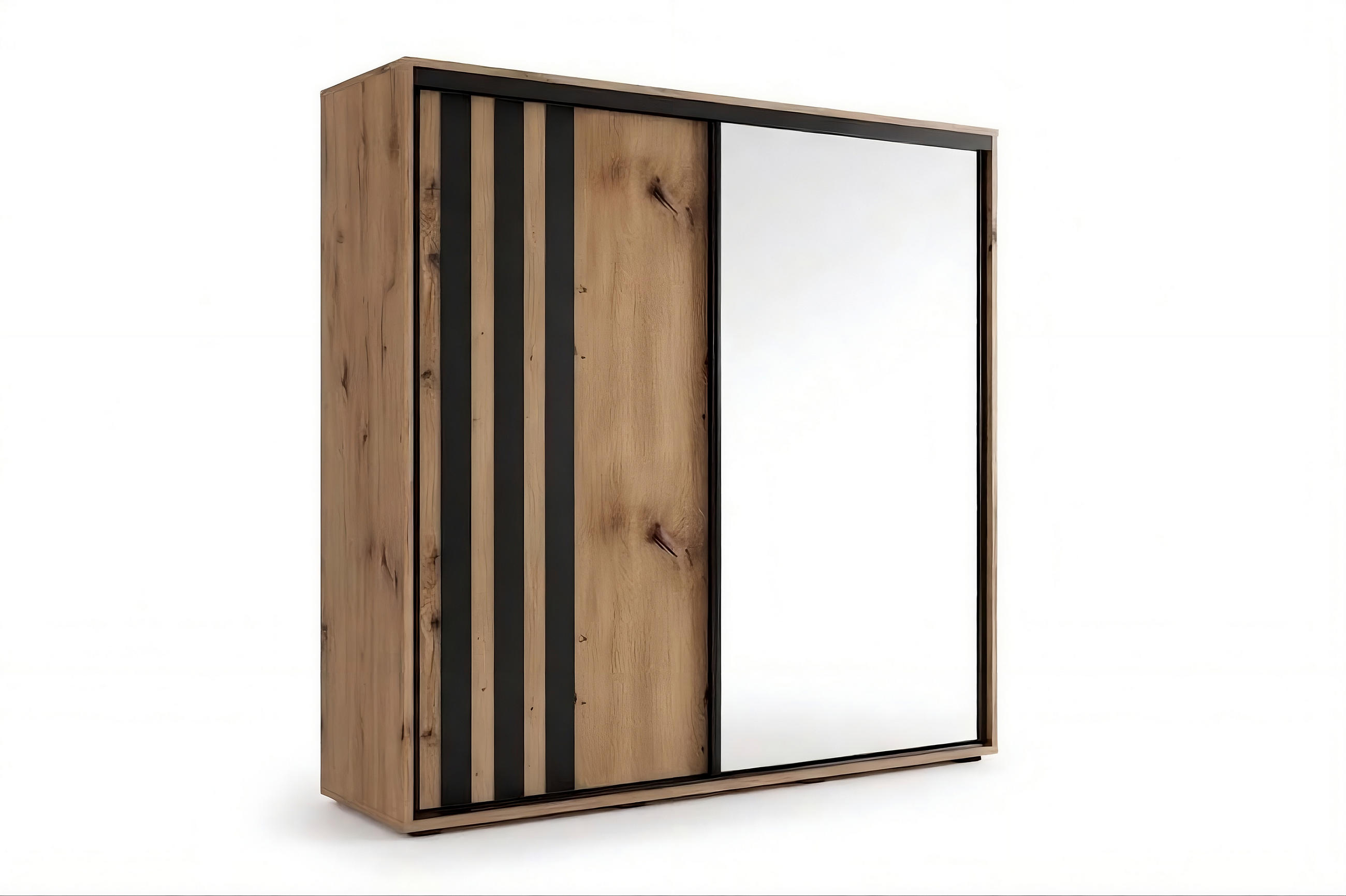 SCHIEBETÜRENSCHRANK - Artisan, Lamellen und Front Schwarz (A8) - Goldfarben, Holzwerkstoff (150/215/62cm)