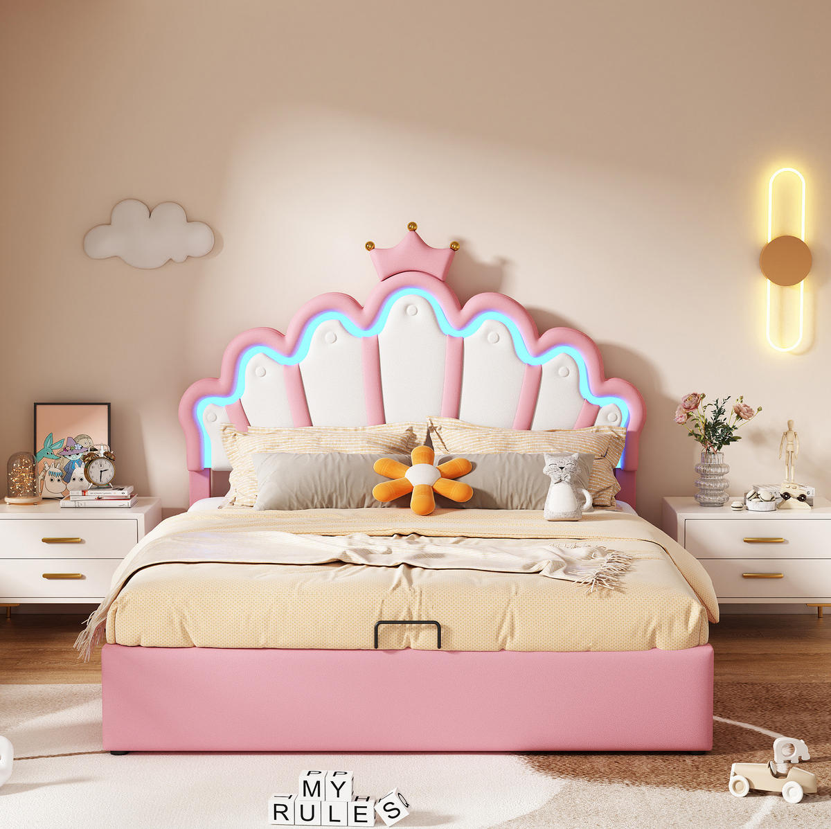 POLSTERBETT aus MDF, Kunstleder und Metall 140x200 cm Rosa mit LED-Beleuchtung und Stauraum - Rosa, Kunststoff (140/200cm) - IVMEU