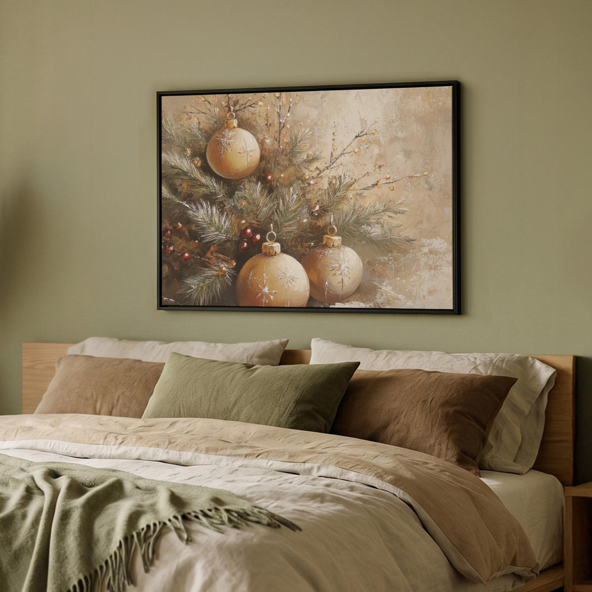 LEINWAND Bilder mit Rahmen - Weihnachten - Kugeln - Beige - Gold - 80x60 - Goldfarben, Textil (80/60cm) - MuchoWow