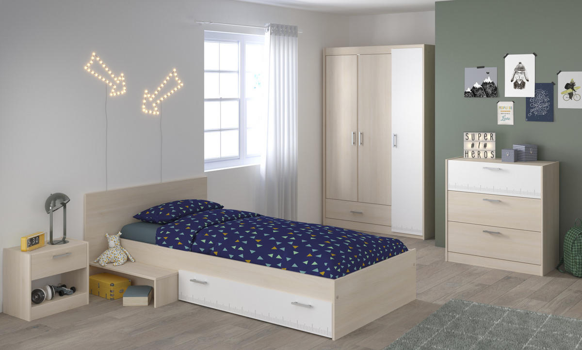 JUGENDZIMMER Set 4-tlg Kleiderschrank Kommode Bett 90 x 200 cm - Silberfarben/Weiß, Holz/Holzwerkstoff (90/179/200cm) - Parisot Meuble