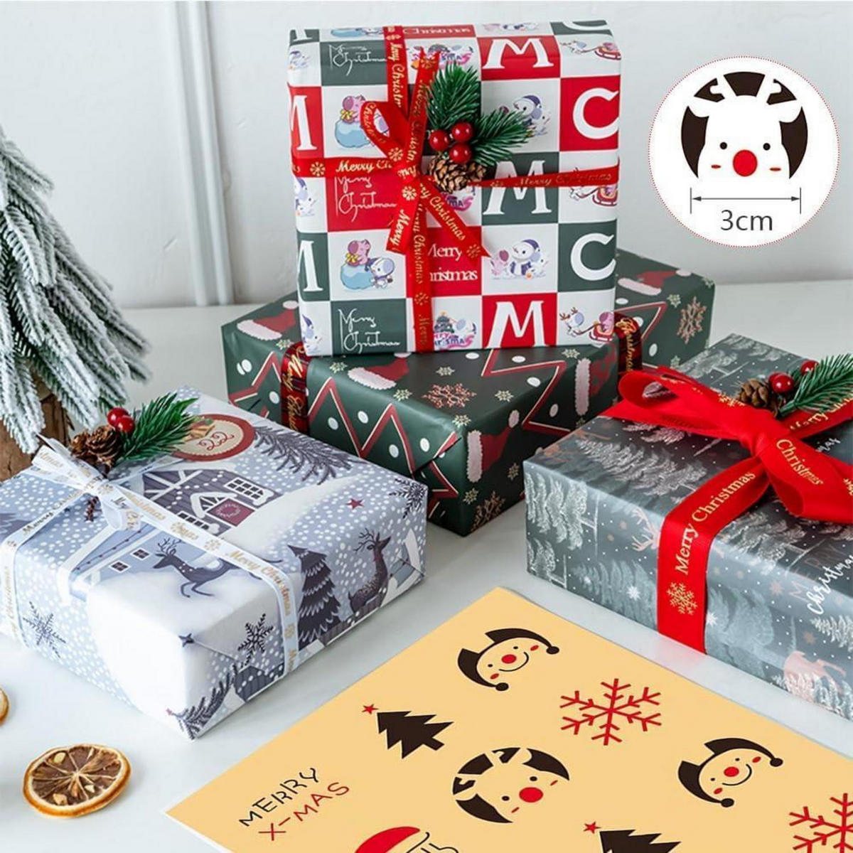 GESCHENKPAPIER Set 3 Rollen mit Anhängern und Aufklebern - Multicolor, Papier (44/1/500cm)