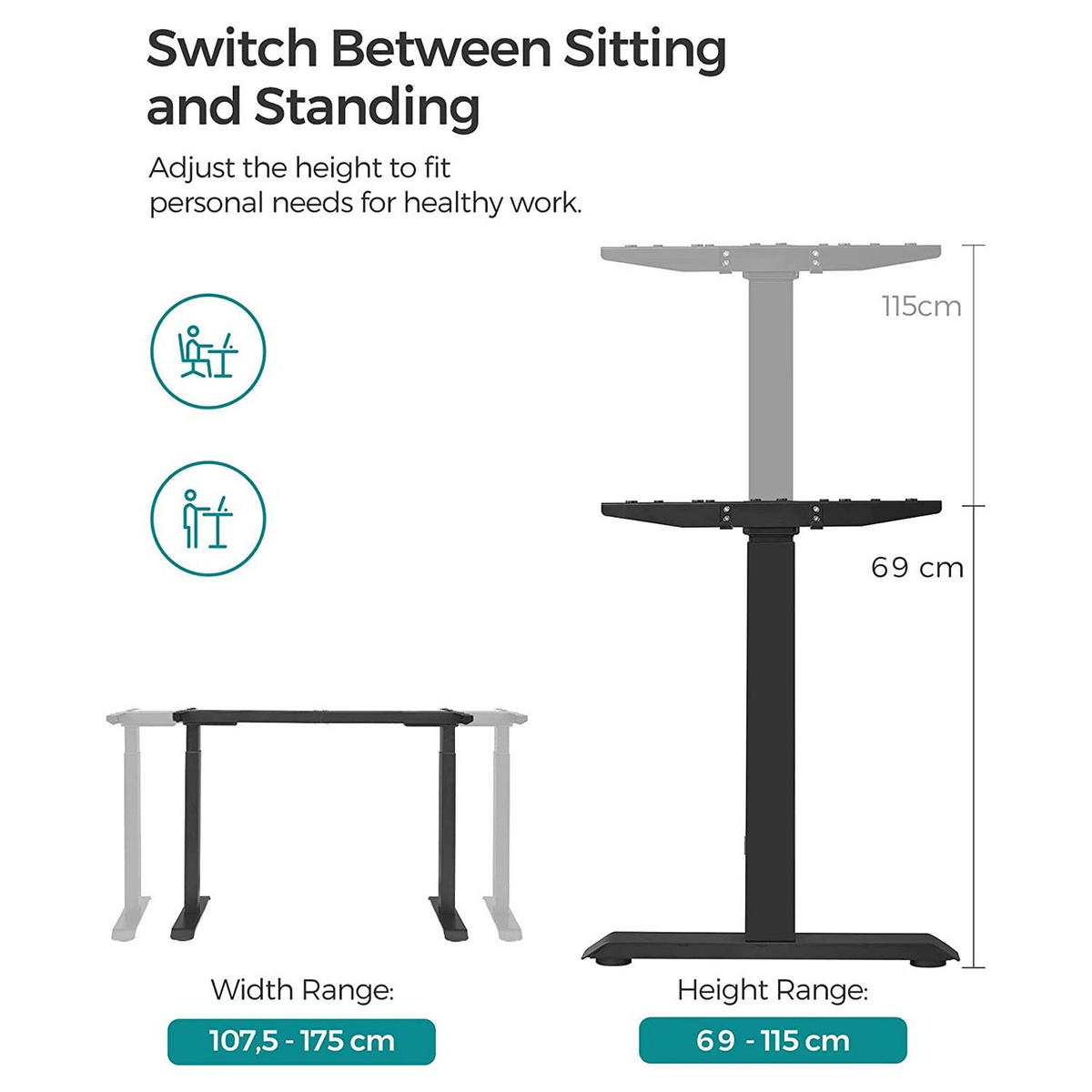 HÖHENVERSTELLBARER Schreibtisch Stockholm - Schwarz, Metall (60/175/115cm) - Hansiro