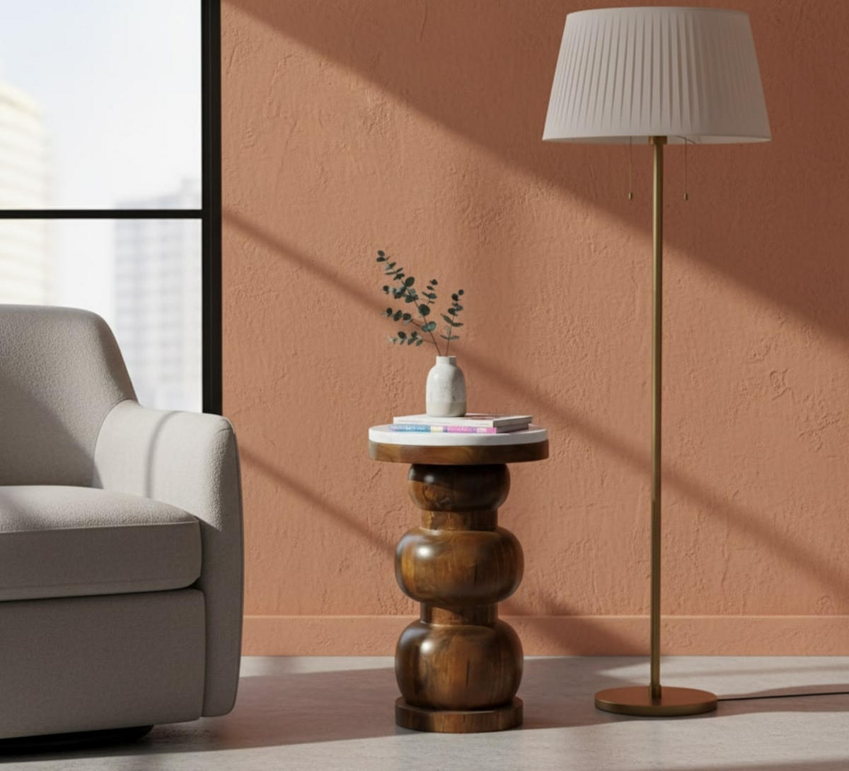 BEISTELLTISCH mit Amber-Eichen-Finish, Marmorplatte oben, poliertes Braun - Braun, Holz (27/27/45cm) - Artisan Furniture