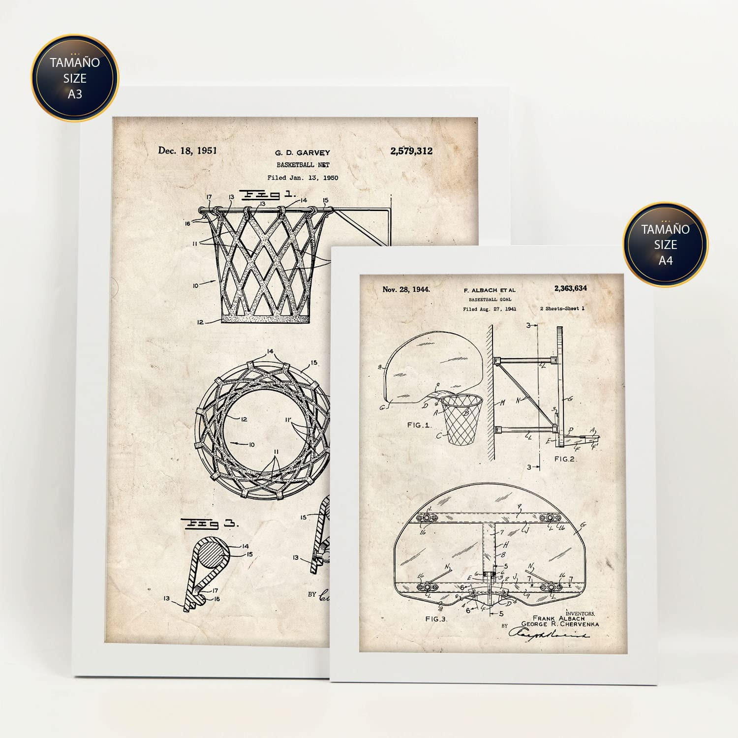 POSTER Set Mit 6 Plakaten Mit Basketball Patenten Im Vintage Stil A3 & A4 Weißer Rahmen - Weiß, Papier (29/3cm) - Nacnic