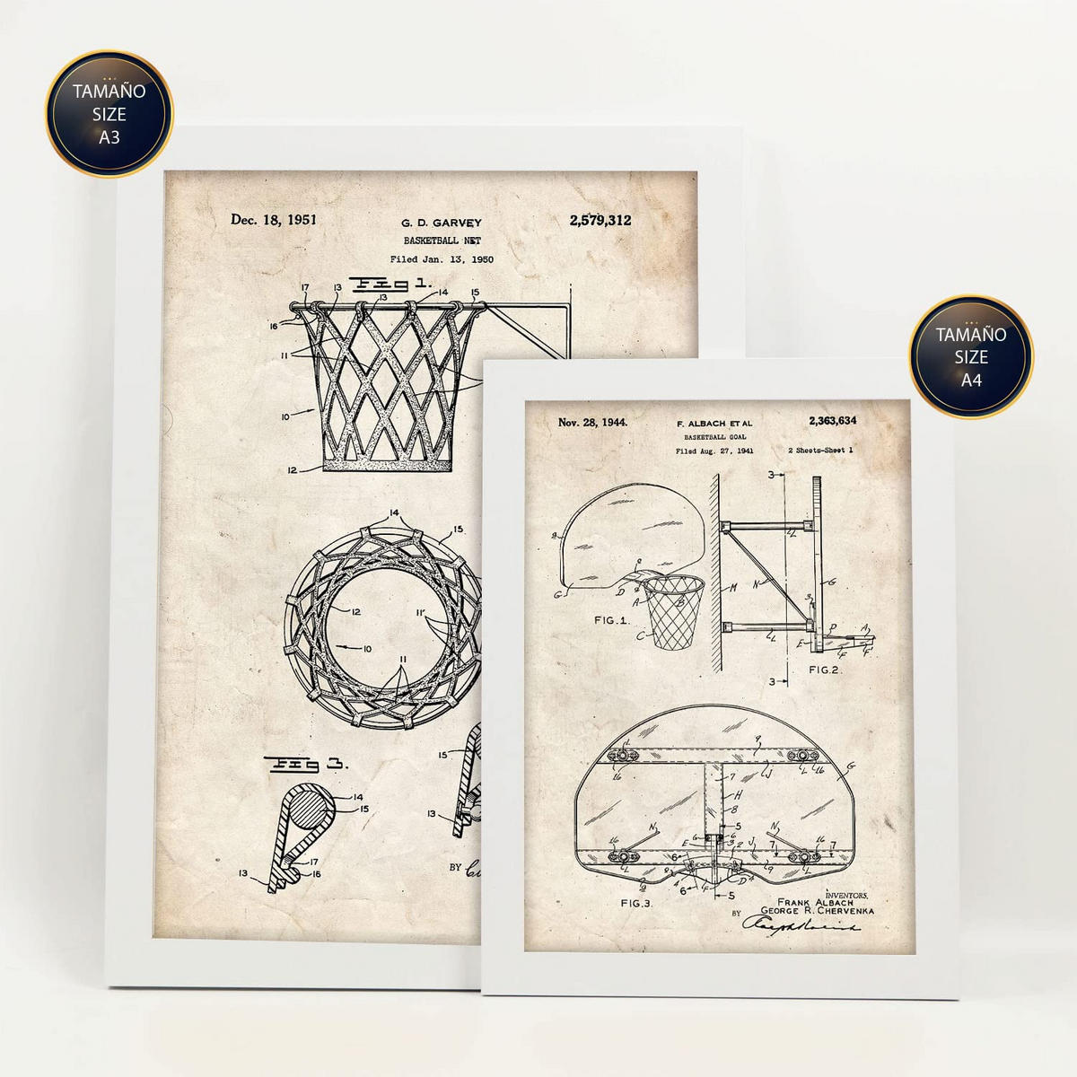 POSTER Set Mit 6 Plakaten Mit Basketball Patenten Im Vintage Stil A3 & A4 Weißer Rahmen - Weiß, Papier (29/3cm) - Nacnic