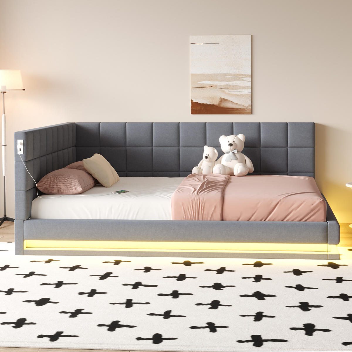 POLSTERBETT 160/200 cm mit LED-Beleuchtung und USB-Anschluss Leinen Grau - Grau, Textil - OKWISH